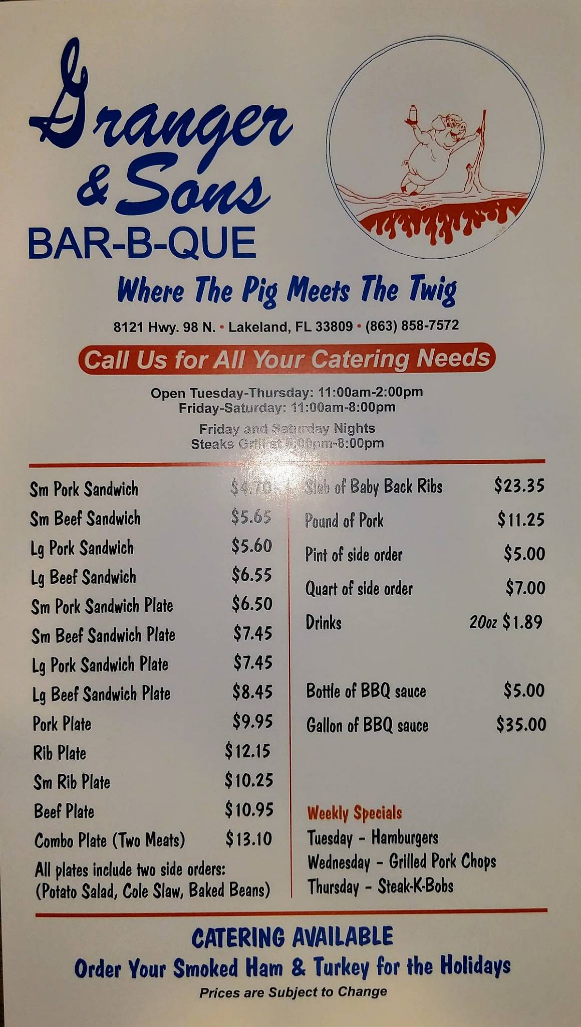 Menu at Granger & Sons Barbecue, Lakeland