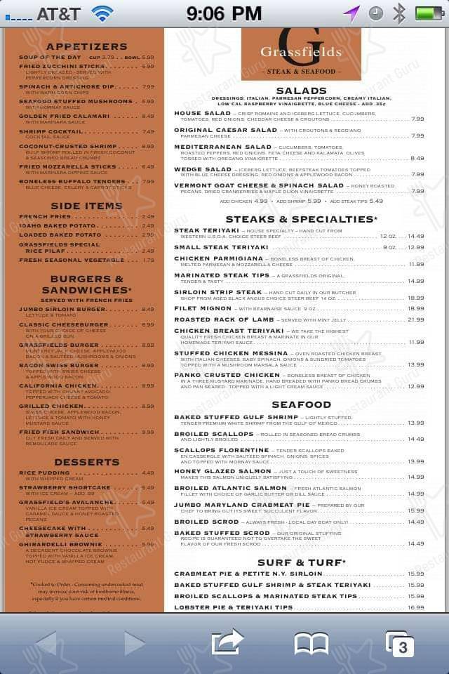 Menu at Grassfields steakhouse, Waltham