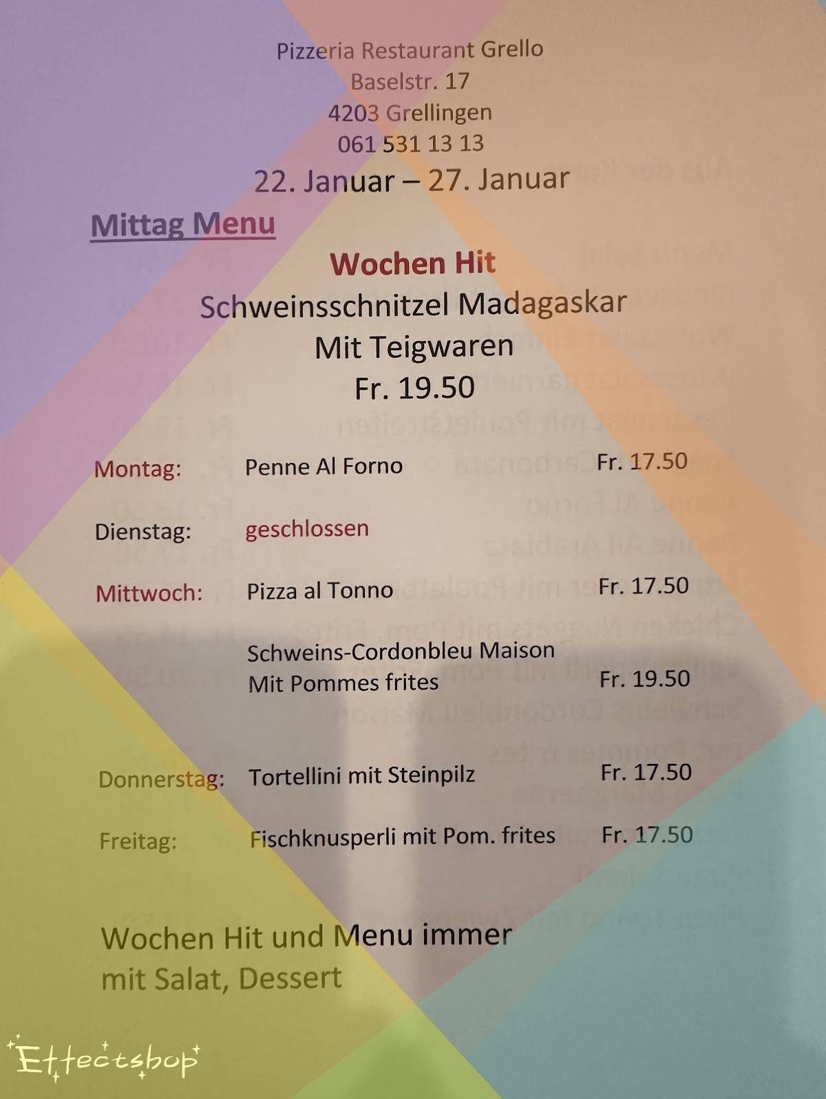 Menu di Pizzeria Restaurant Grello 