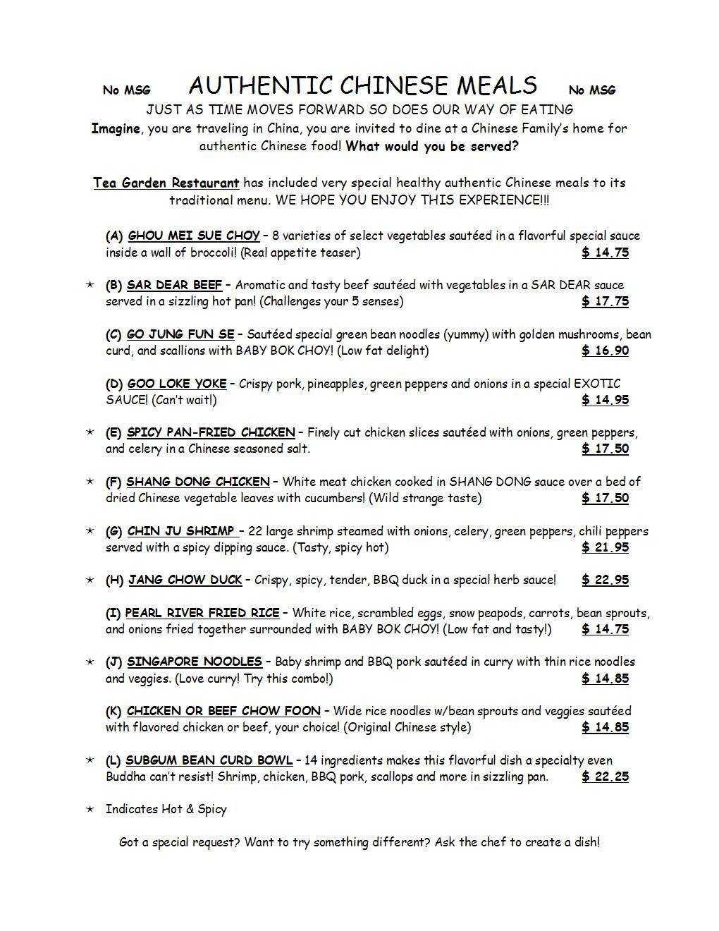 Menu at Tea Garden restaurant, Groveland