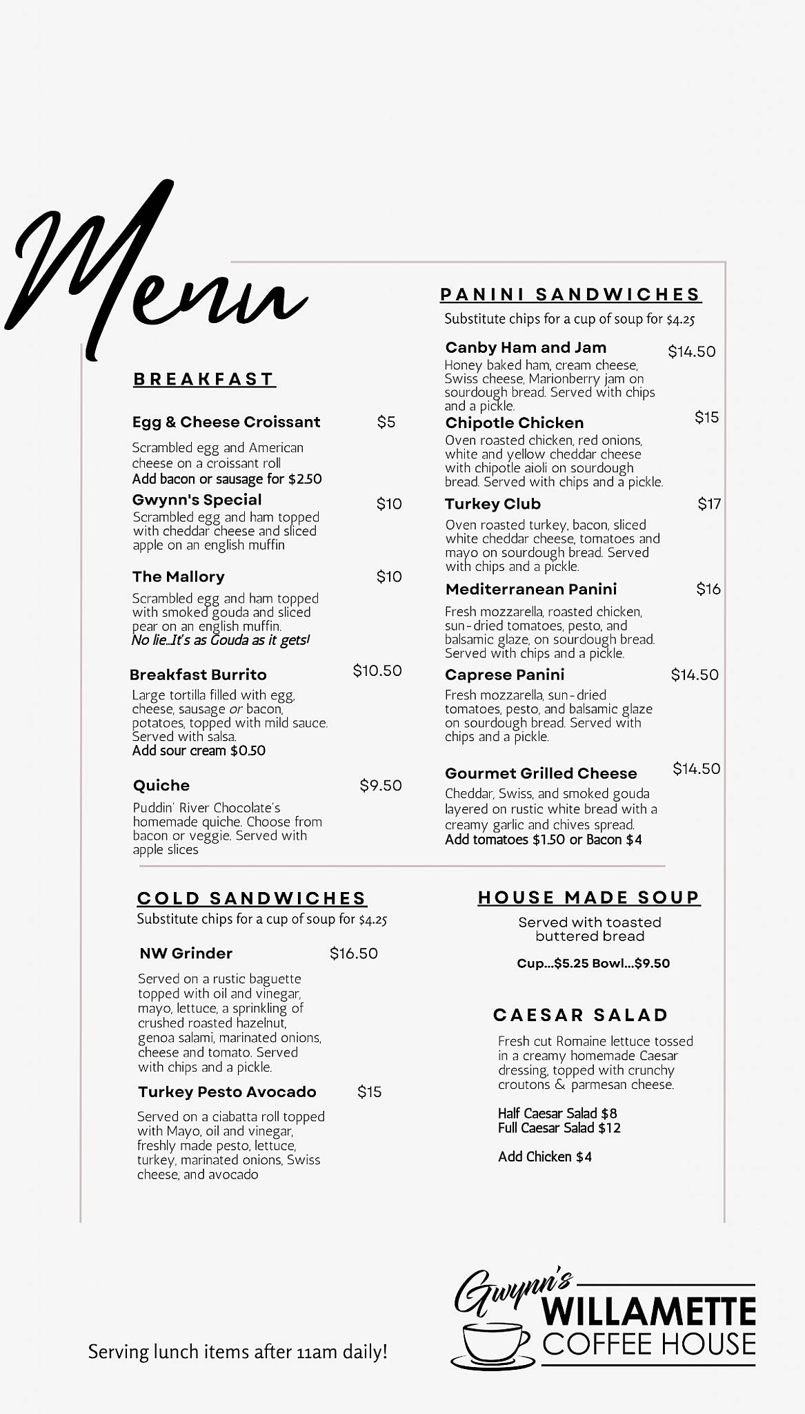 Menu at Gwynn's Willamette Coffee House, Canby