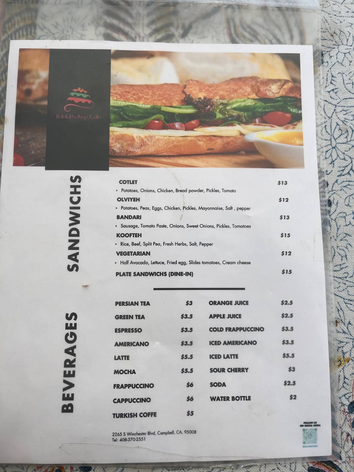 Menu at Haleh Pastry and cafe, Campbell