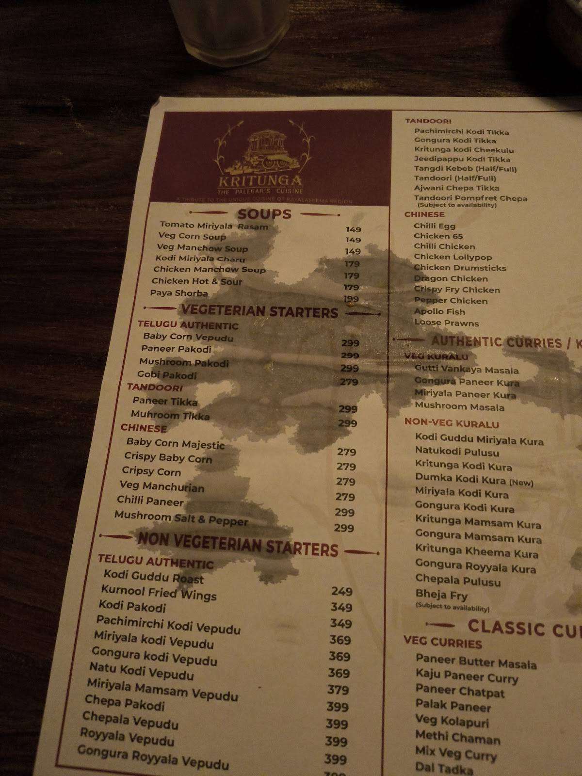 Kritunga Restaurant menu