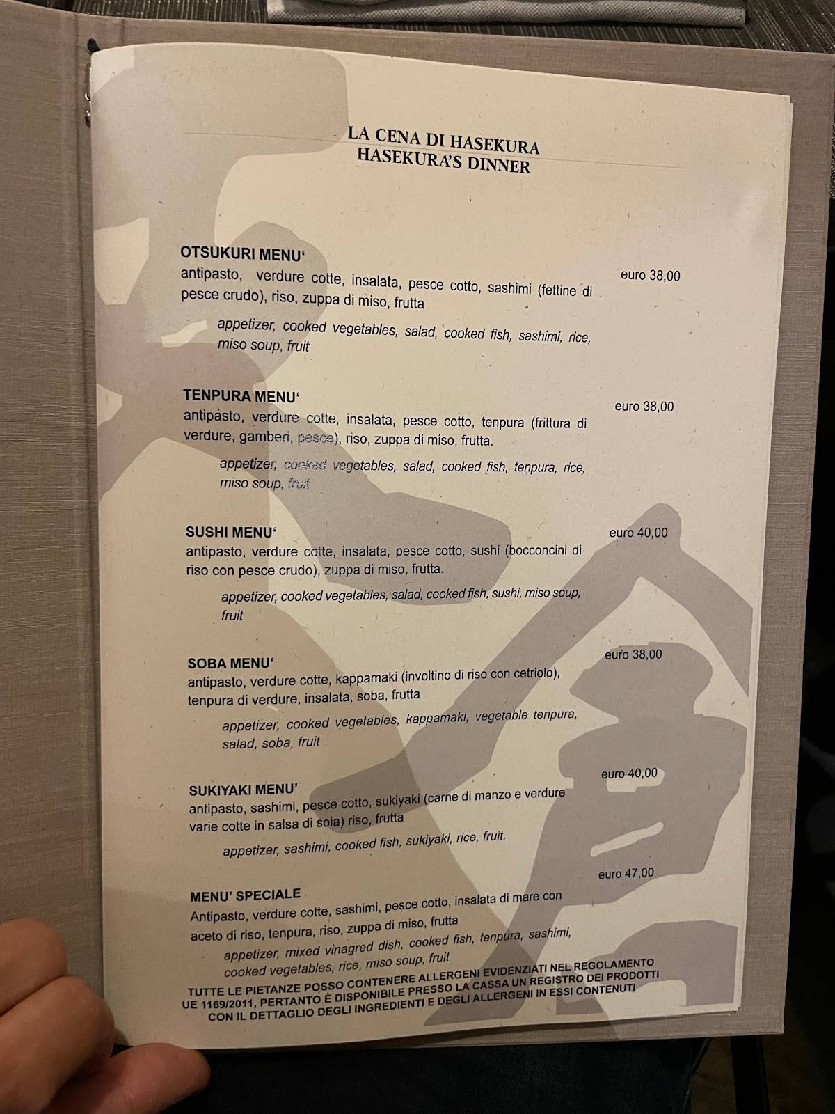 Menu di Hasekura Ristorante Giapponese 