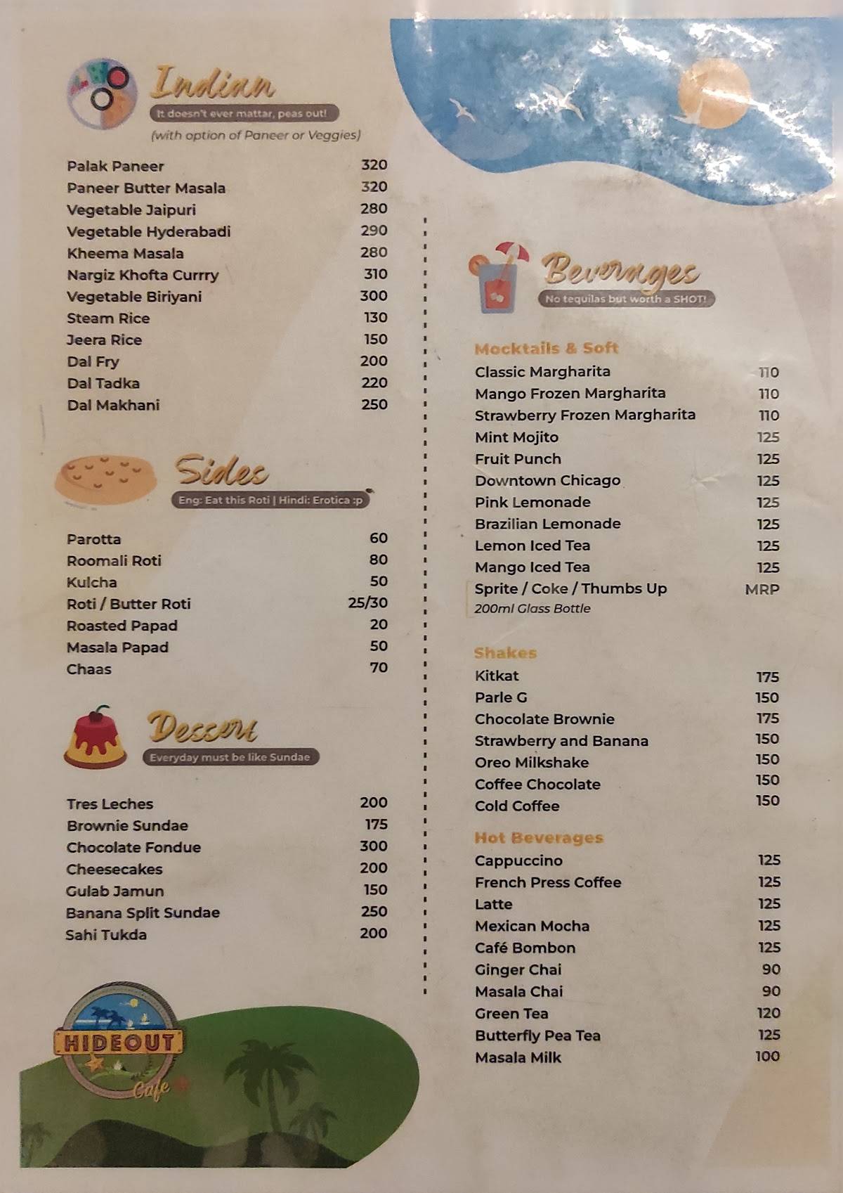 Hideout Cafe menu