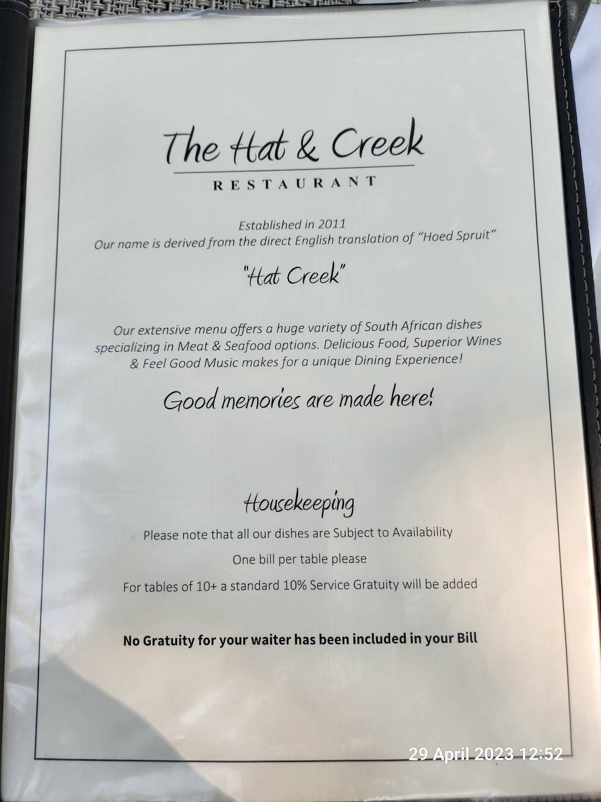 Menu at The Hat & Creek restaurant, Hoedspruit