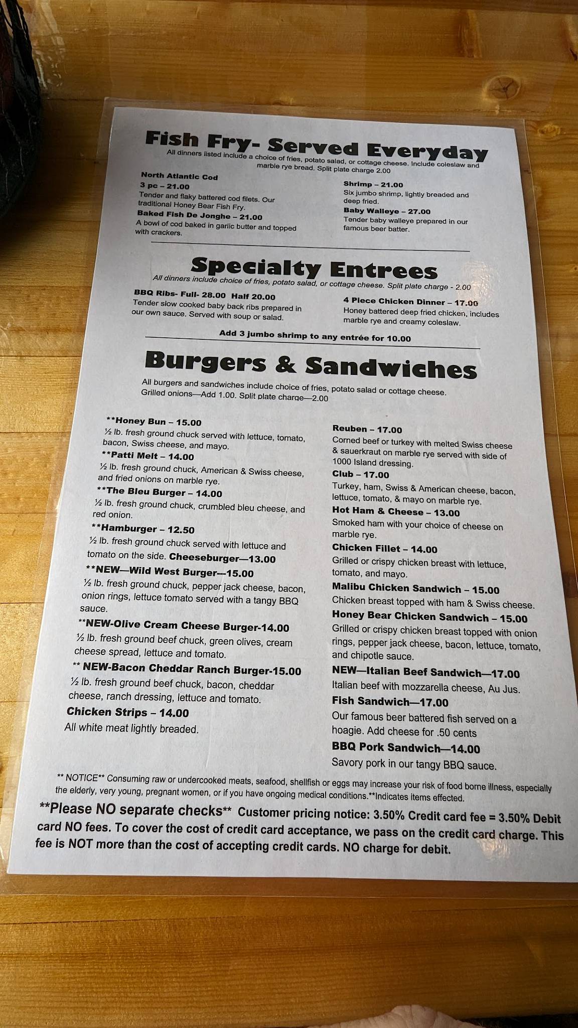 Menu at Honey Bear restaurant, Eagle River, WI70