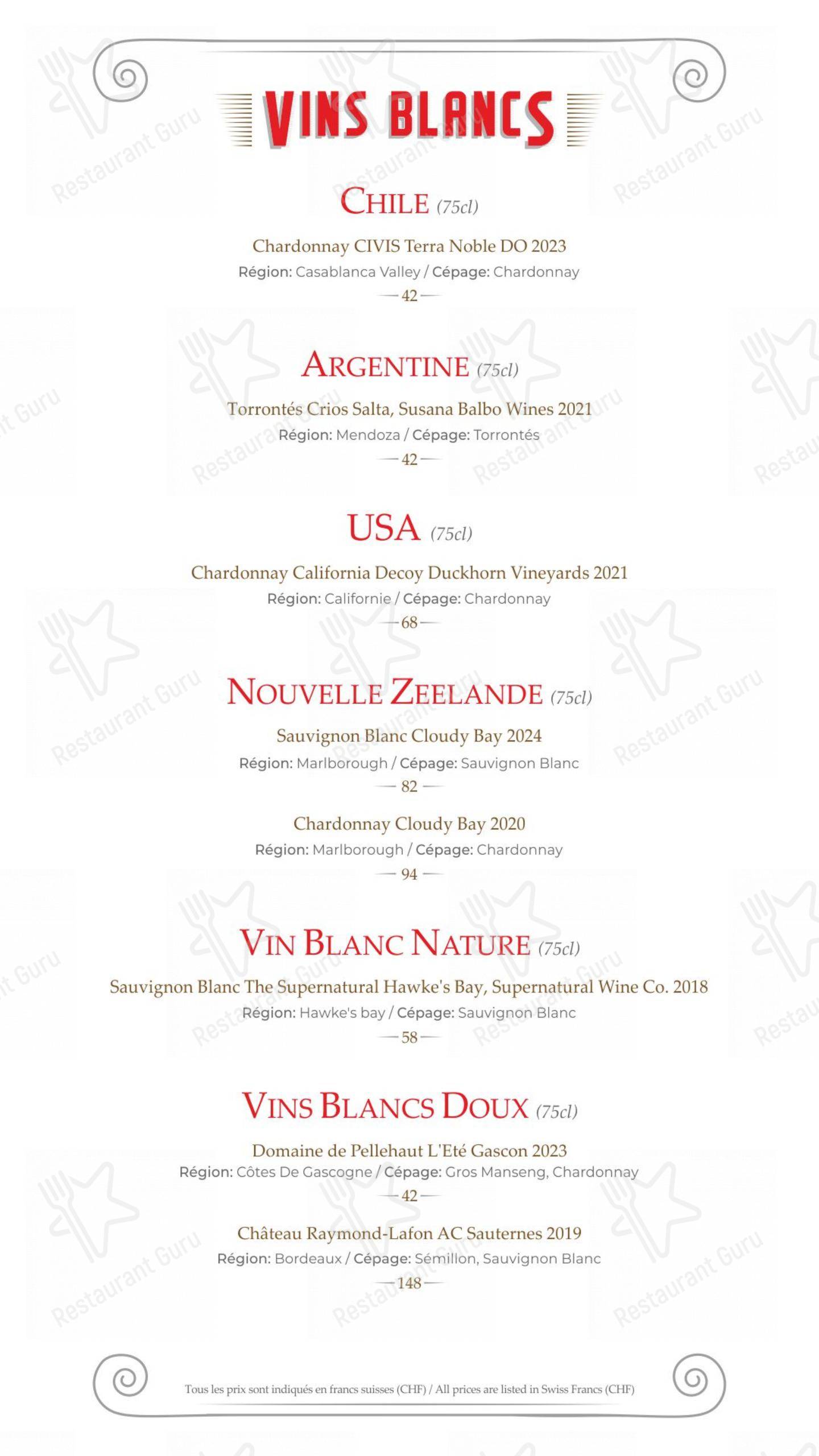 Menu di Hostellerie de Genève - Menu bar