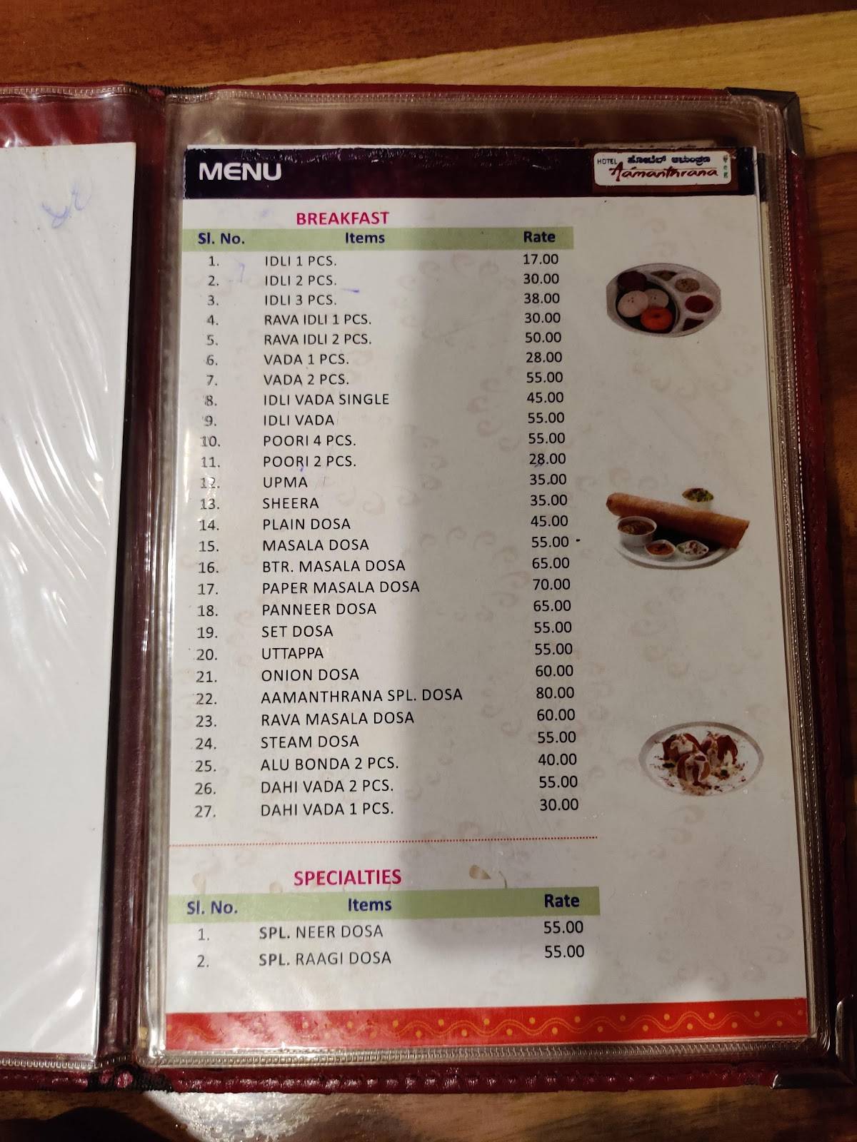 Hotel Aamanthrana menu