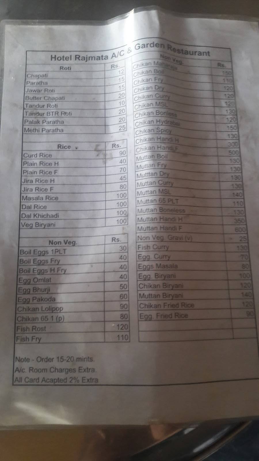 Hotel Rajmata Bar and Garden menu