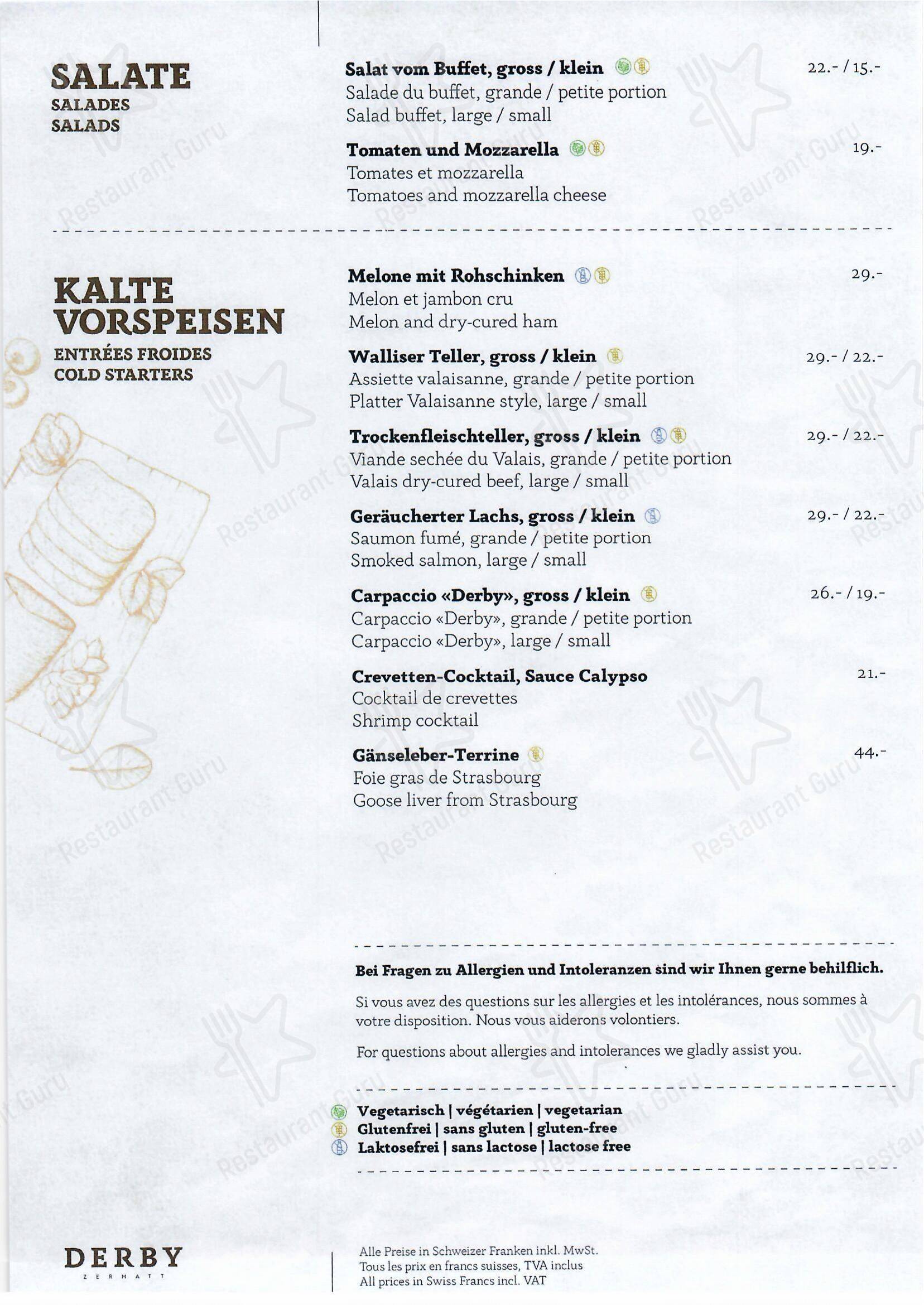 Menu per Hotel Restaurant Derby ristorante