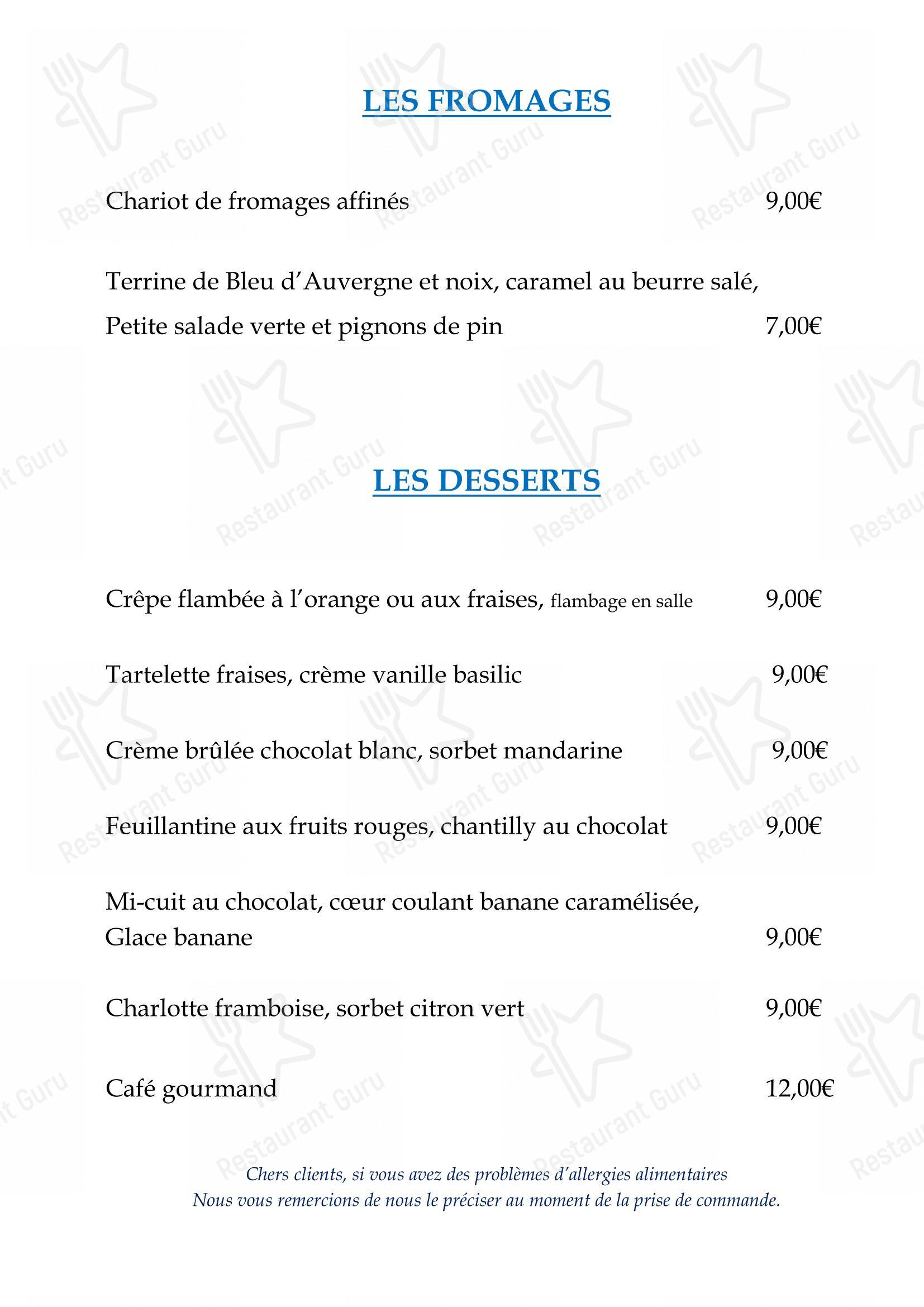 Menu pour Logis Hôtel le Sablier du Temps - Ночное меню