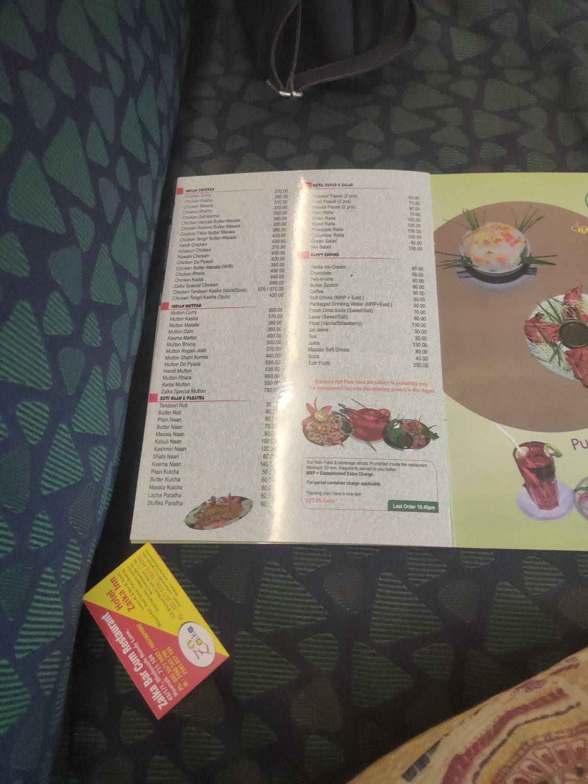Zaika Bar and Restaurant menu