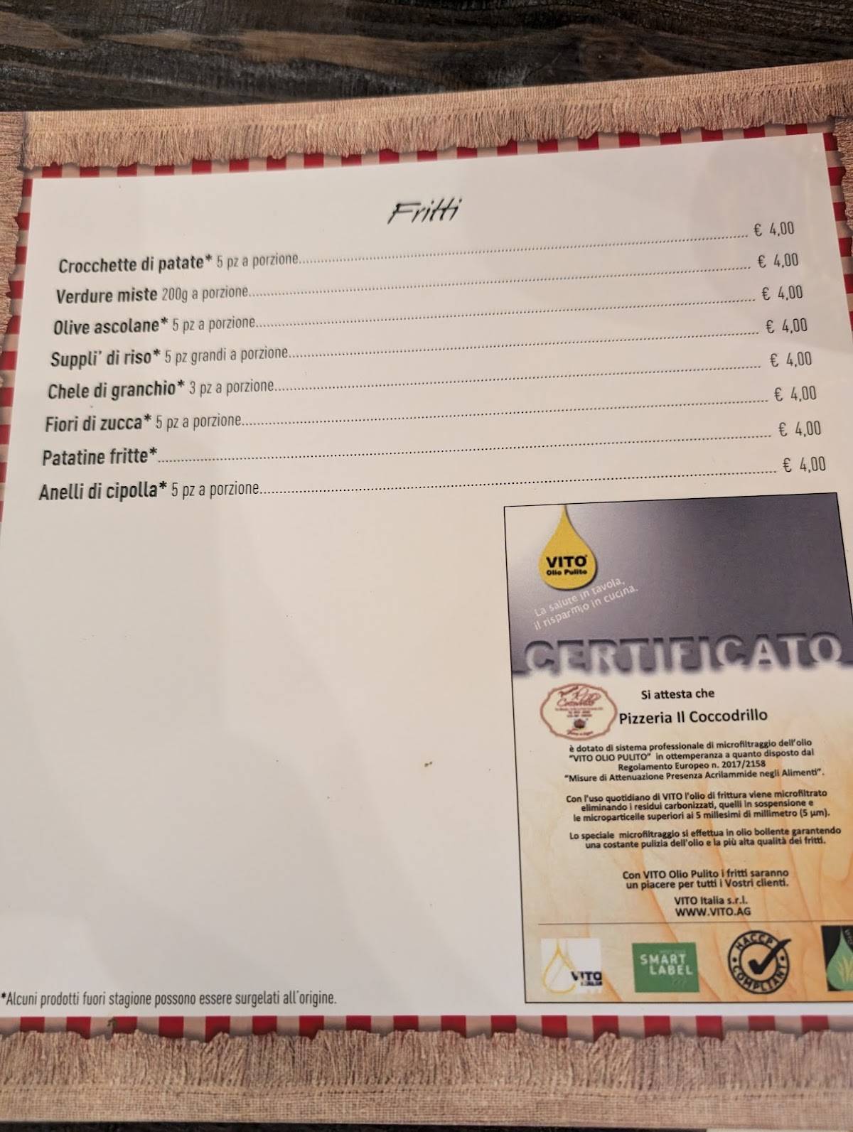 Menu di Pizzeria il Coccodrillo 