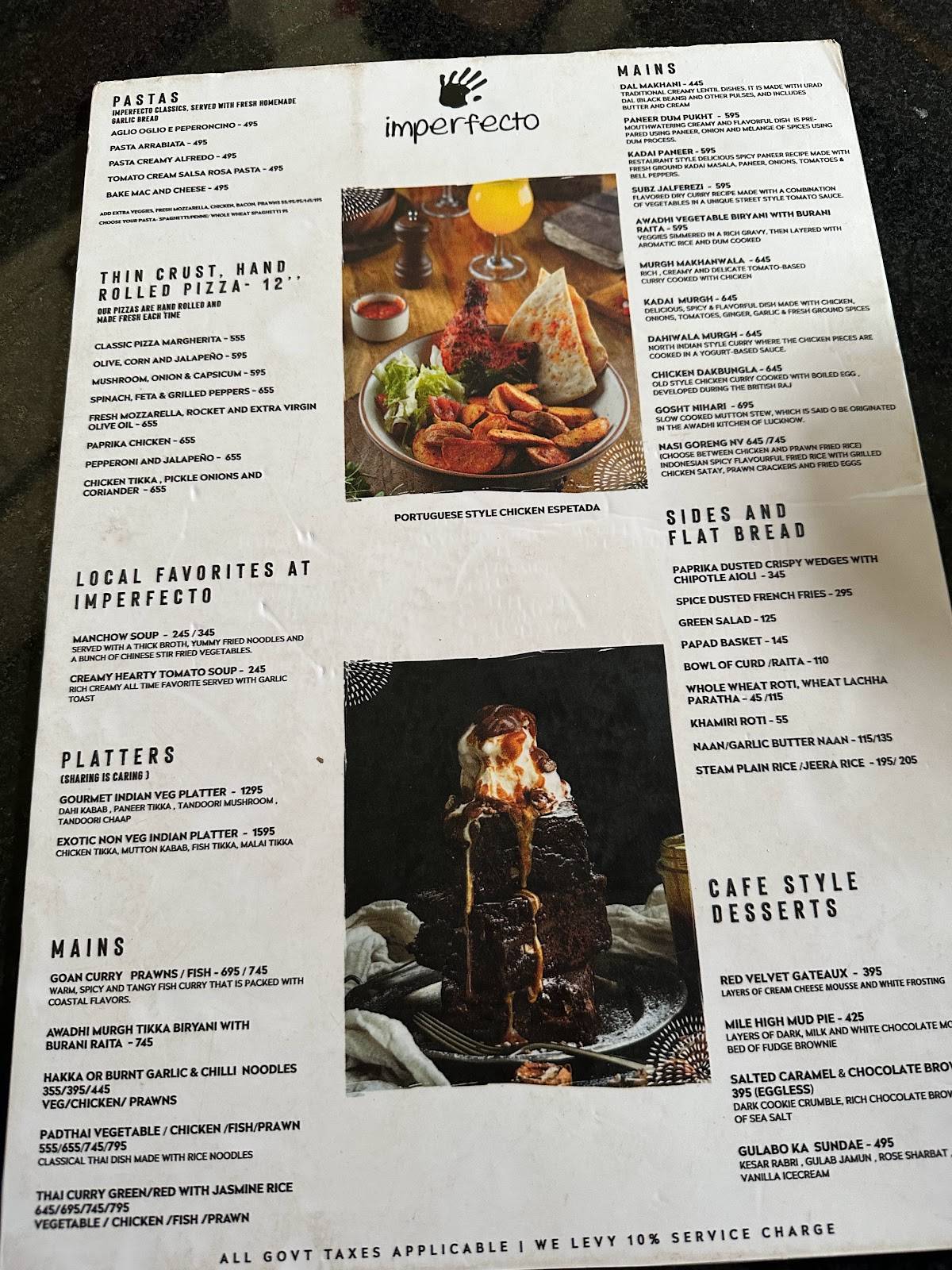 Imperfecto Gardens Galleria menu