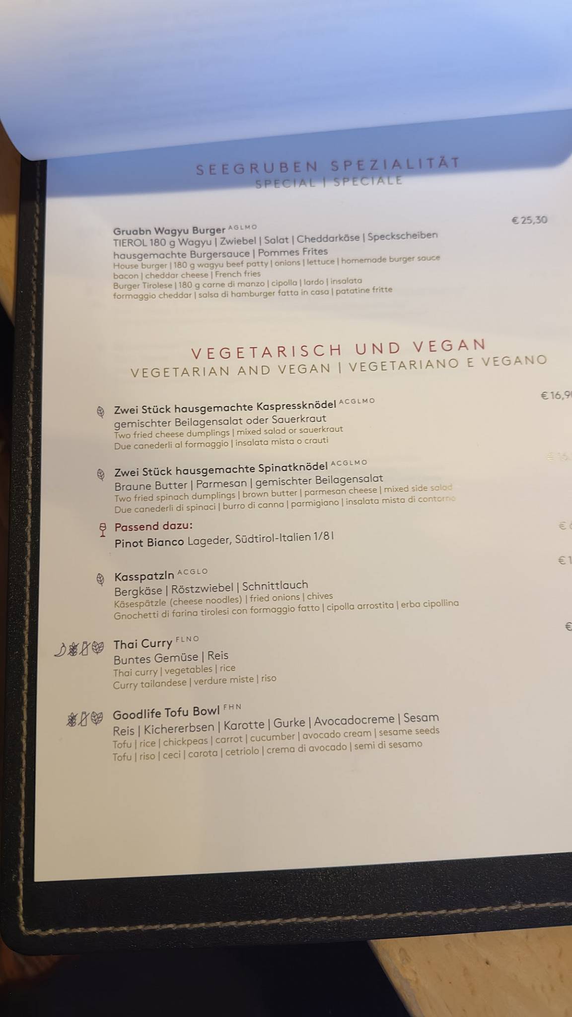 Menu de Restaurant Seegrube
