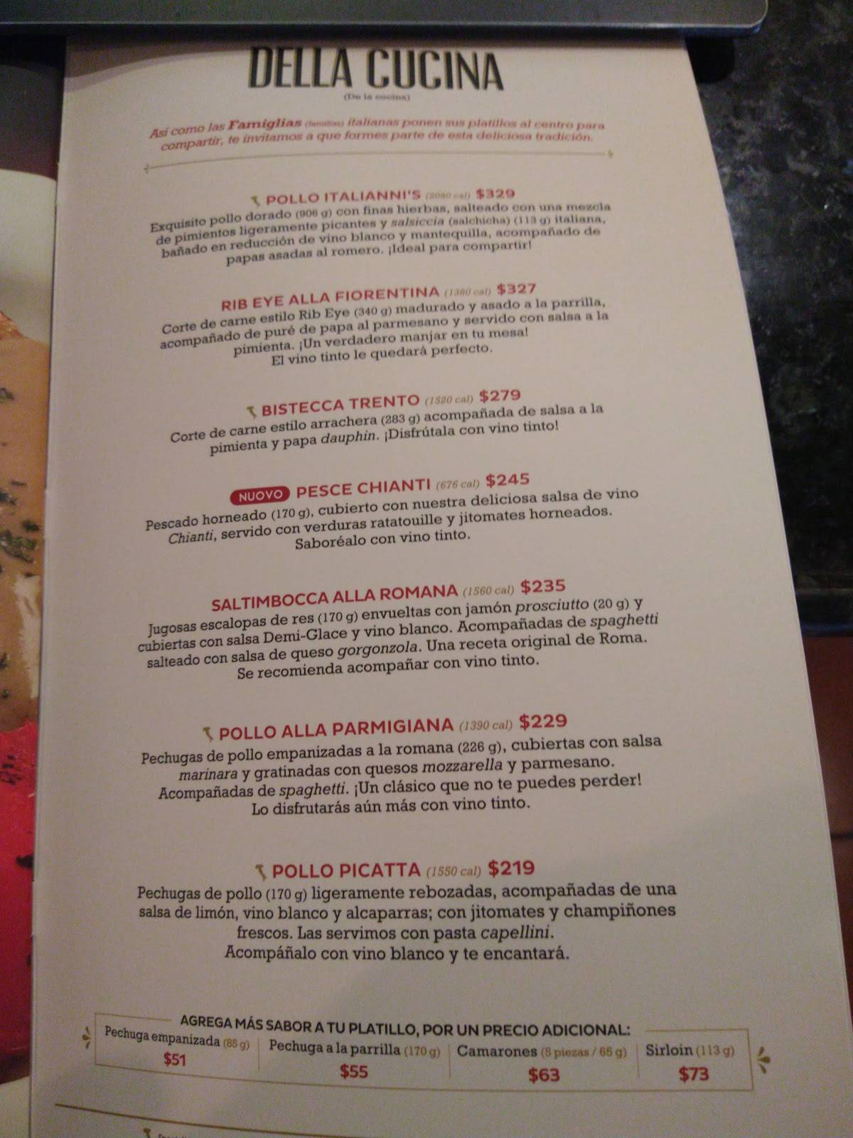 Carta del restaurante Italianni’s, Pachuca del Soto