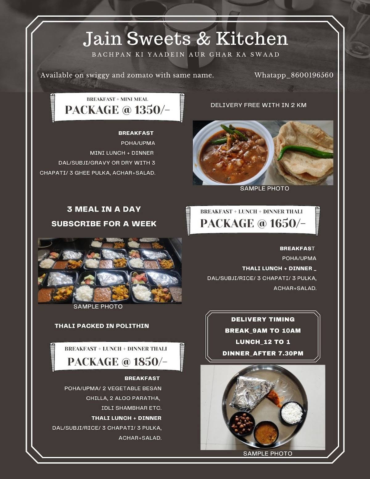 Jain Sweets & Kitchen menu