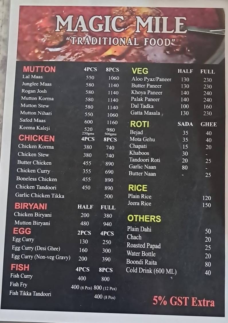 Magic Mile "Traditional Food" menu