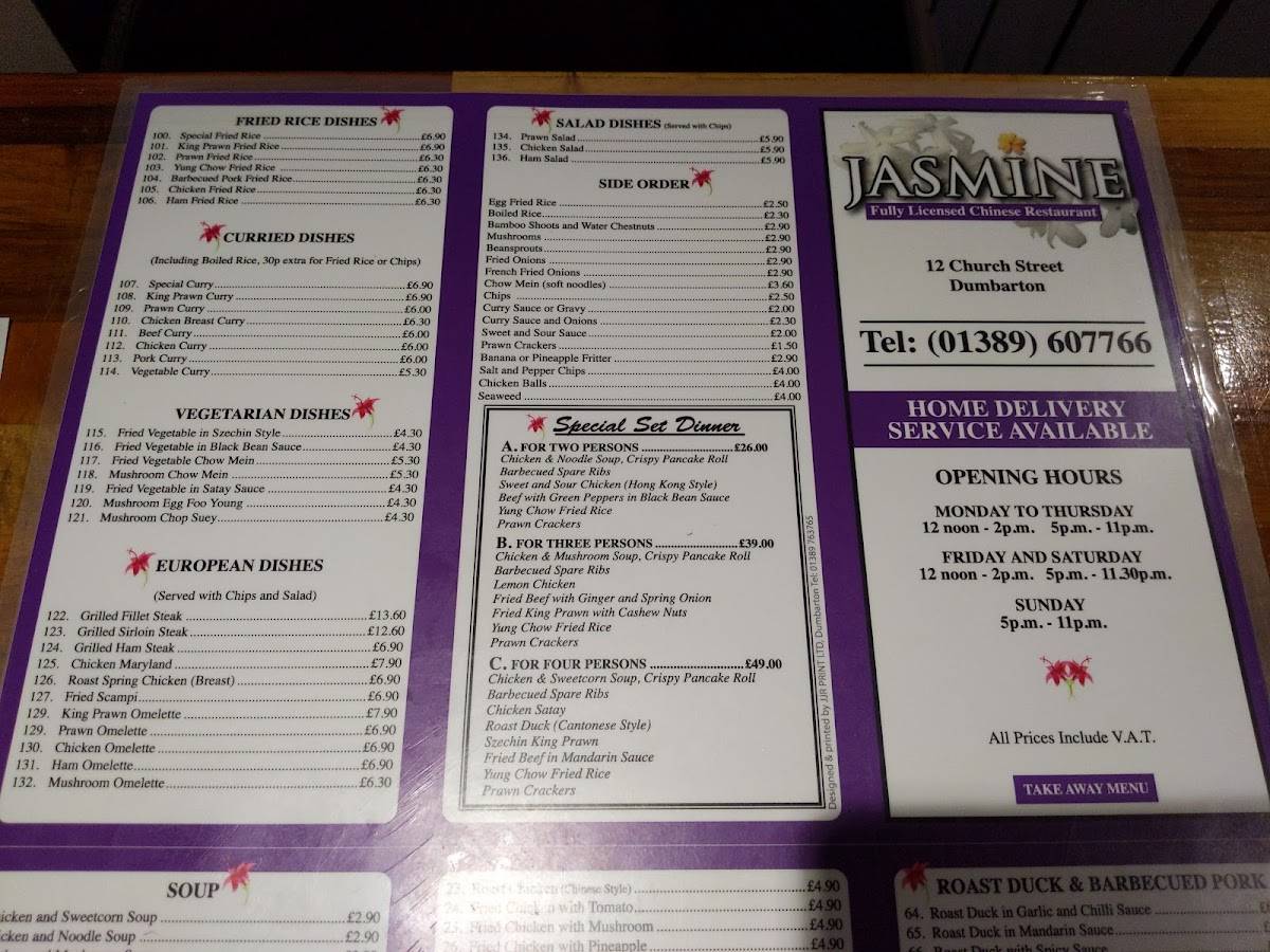 Menu at Jasmine restaurant, Dumbarton