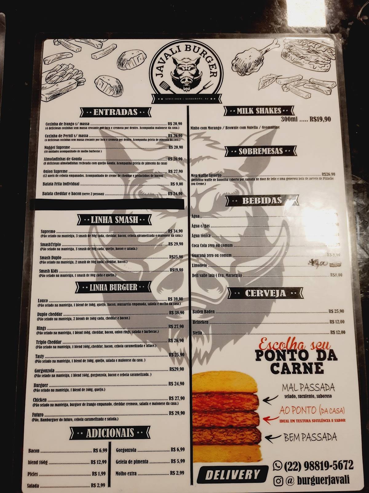 Javali Burger cardápio