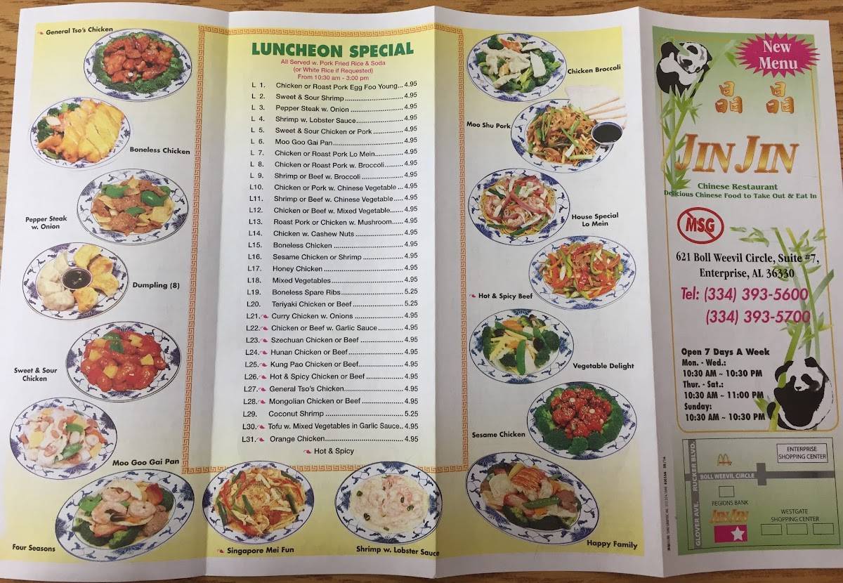Menu at Jin Jin Restaurant, Enterprise
