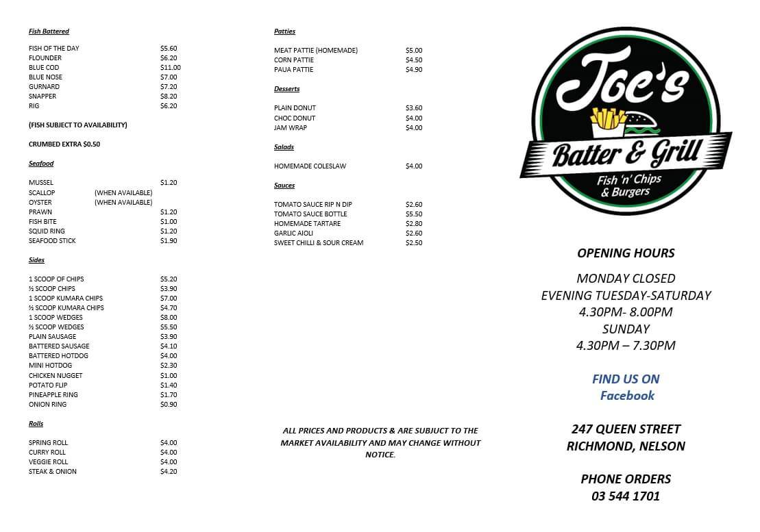 Menu at Joes Batter and Grill restaurant, Richmond