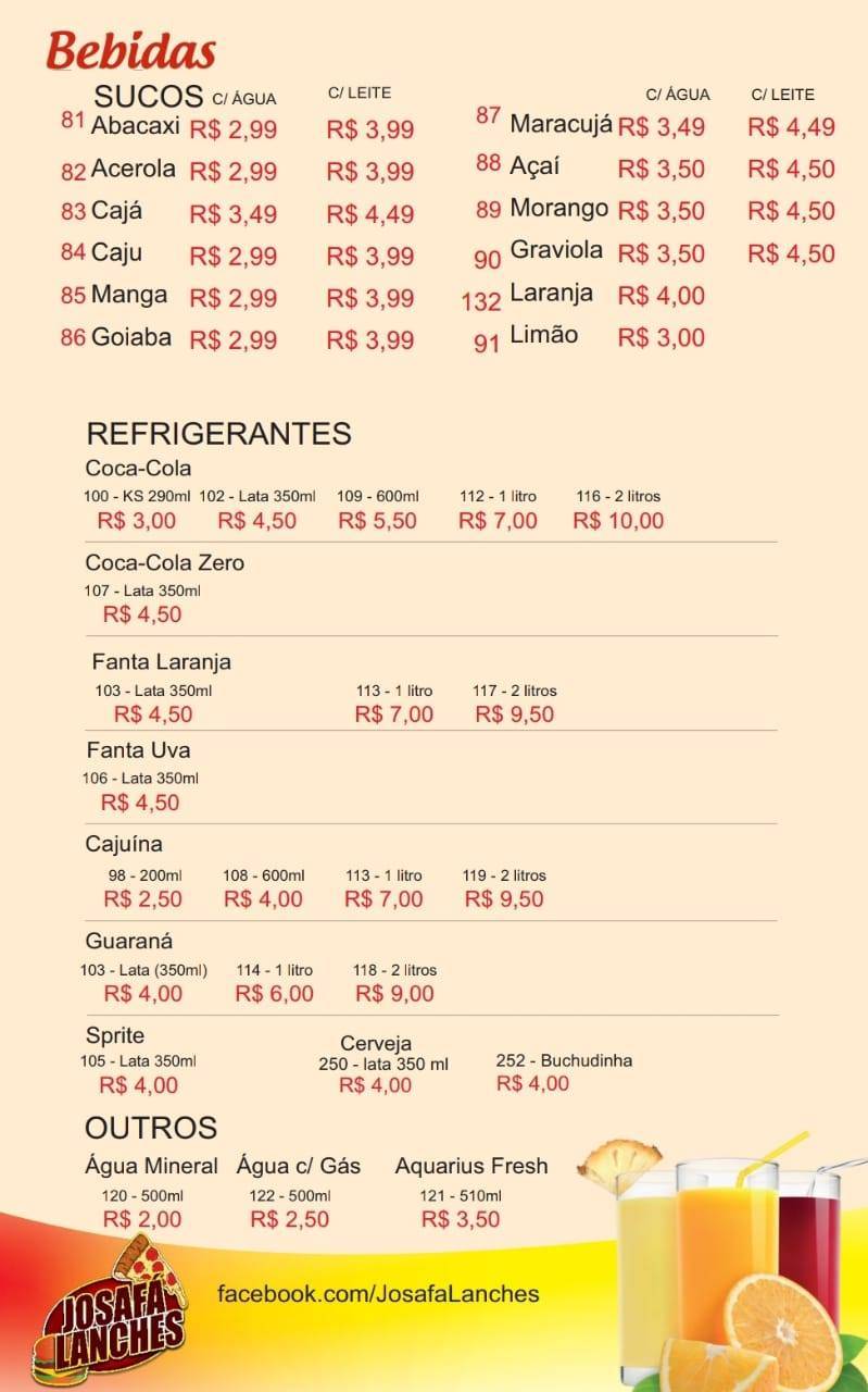 Josafá lanches cardápio