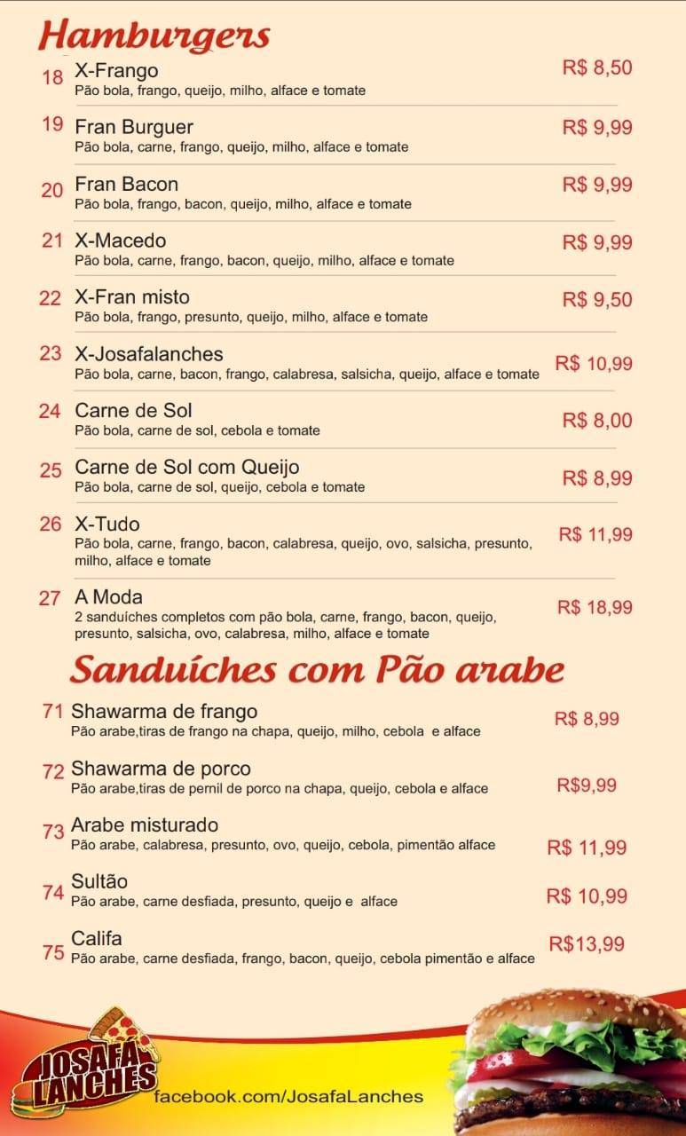 Josafá lanches cardápio