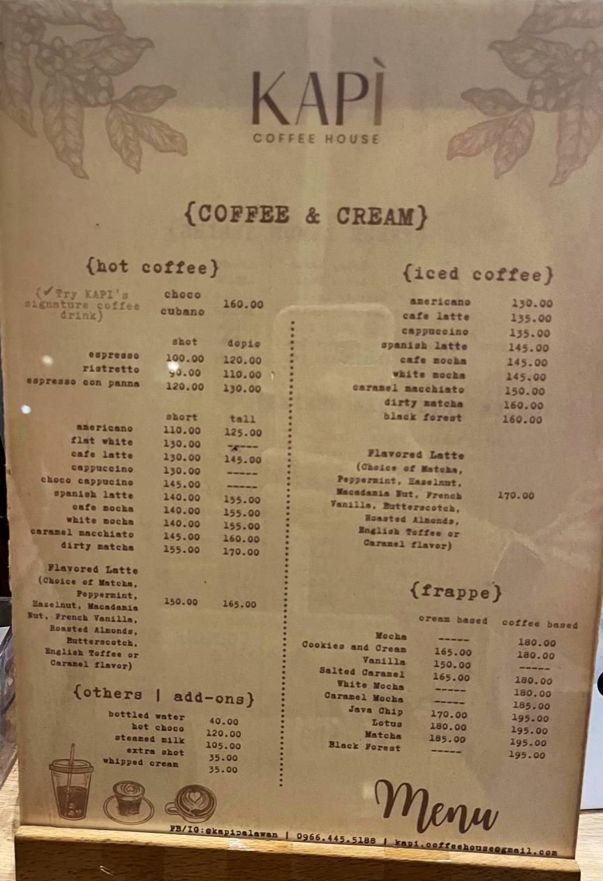 Menu at KAPÍ Coffee House, Puerto Princesa