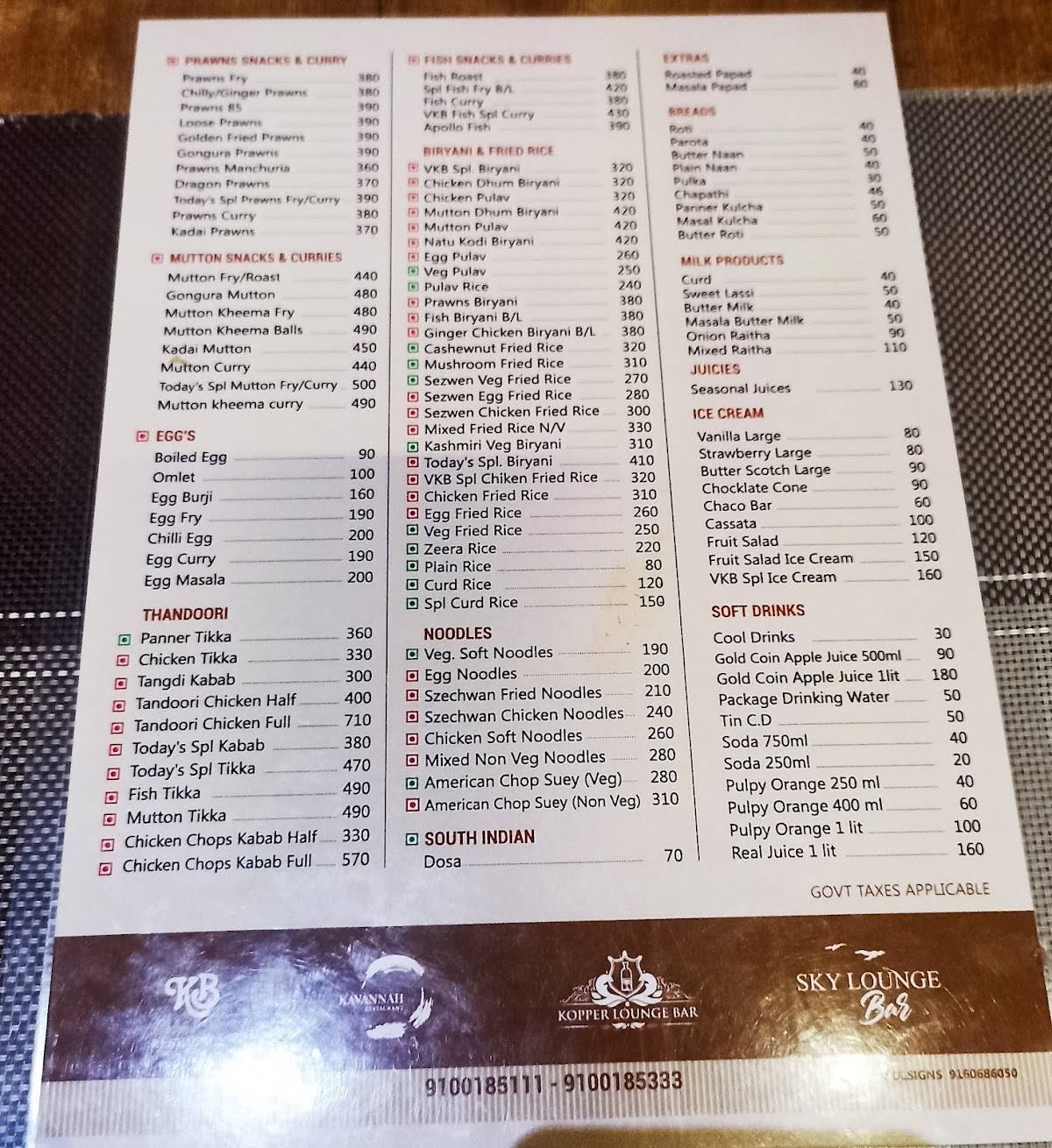 KB East Restaurant menu