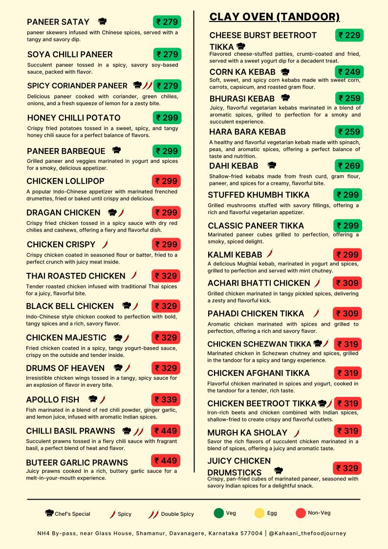 Kahaani - The Food Journey Near Glass House Shamanur Daavanagere menu