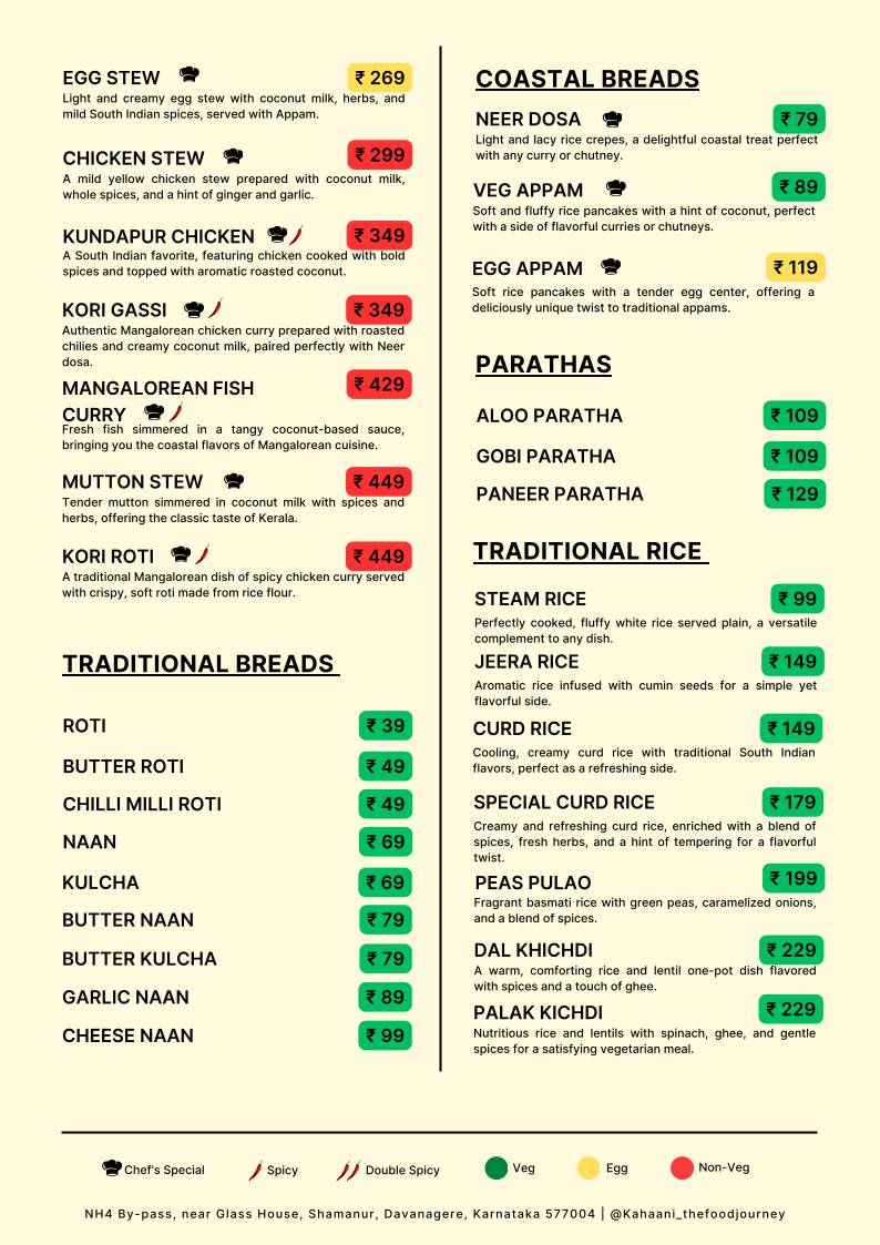 Kahaani - The Food Journey Near Glass House Shamanur Daavanagere menu