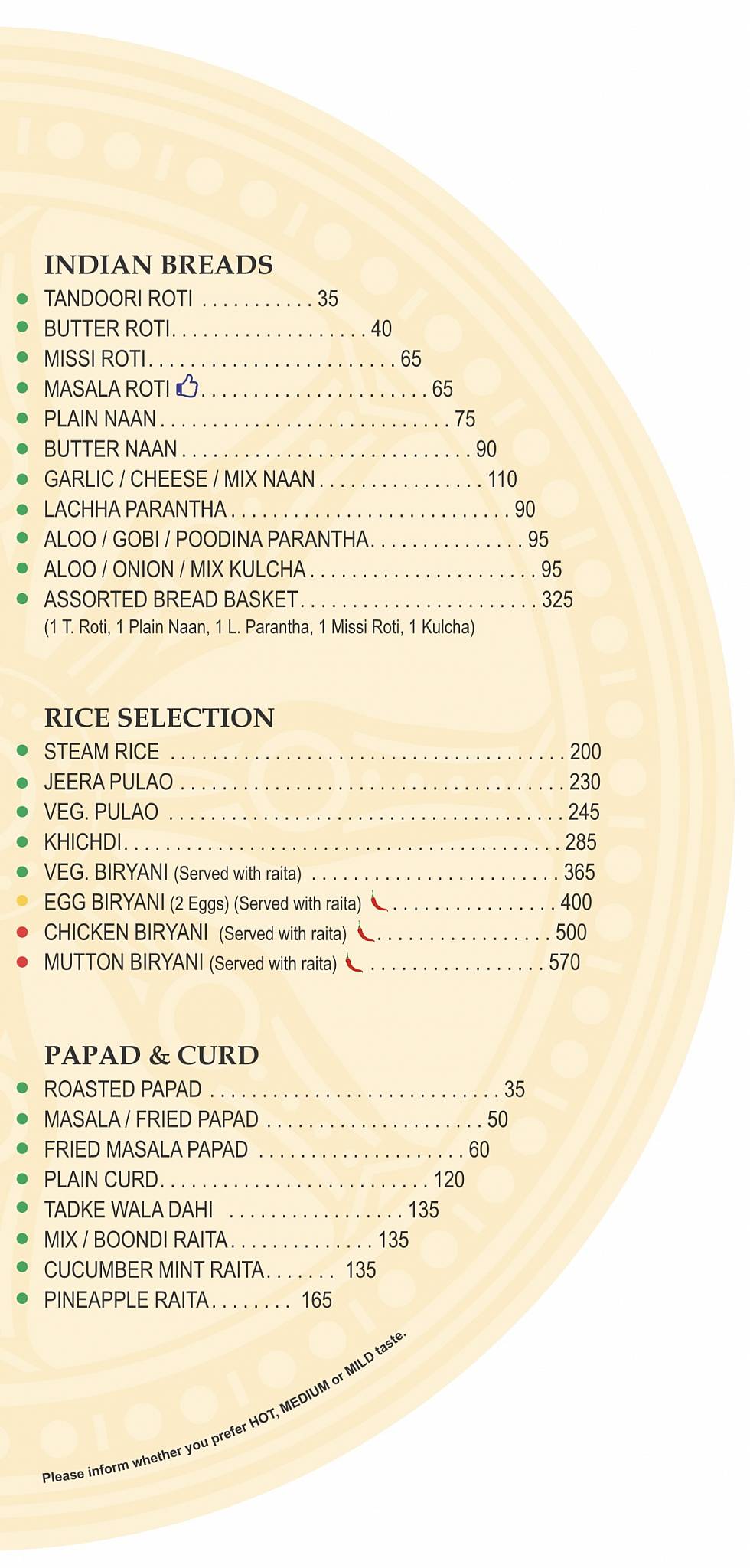 Kalinga Restaurant menu