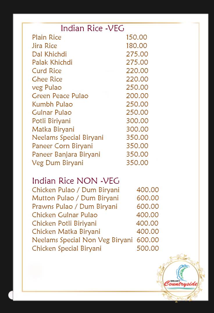 Neelams Countryside menu