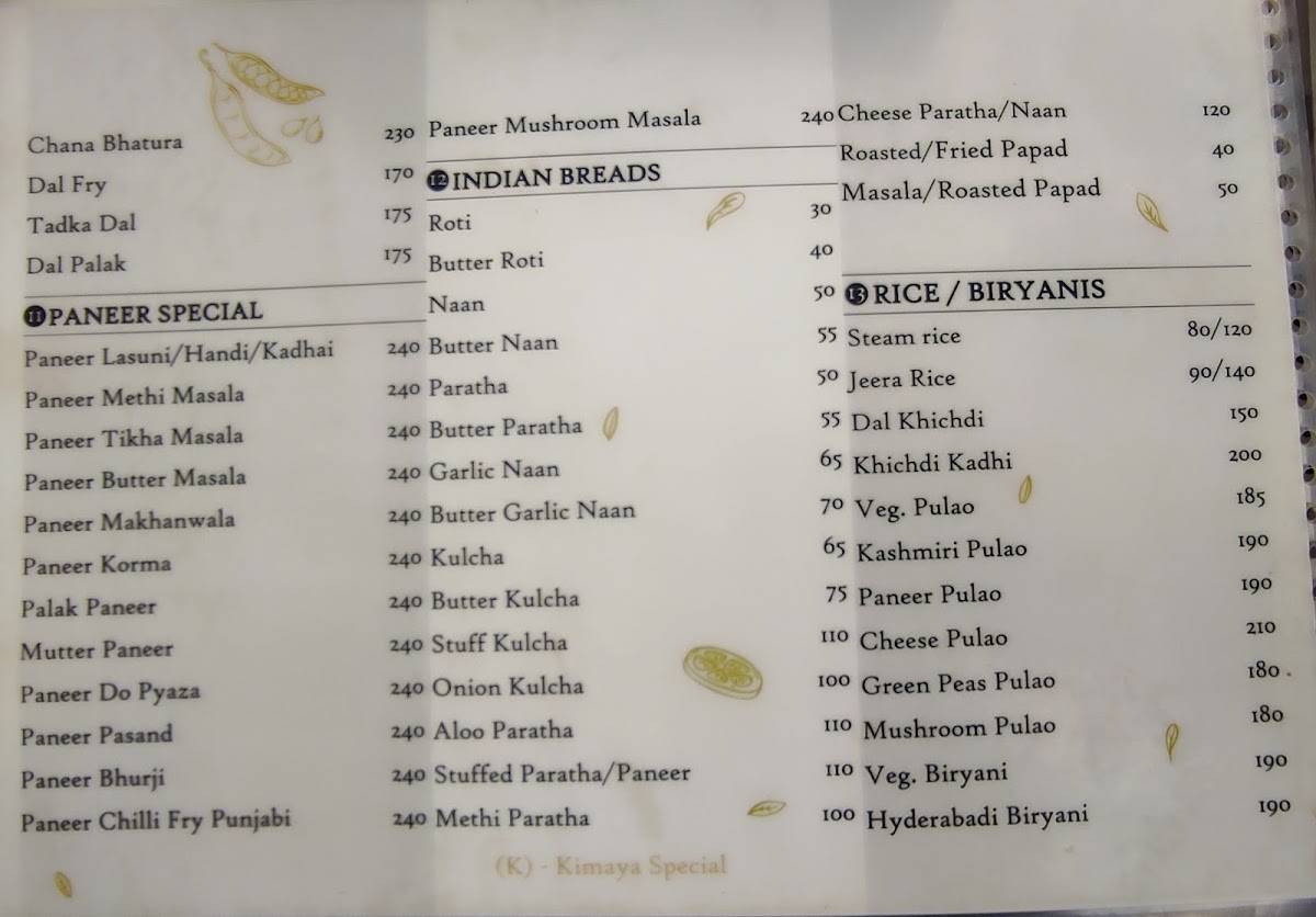 Kimaya Veg Restaurant menu