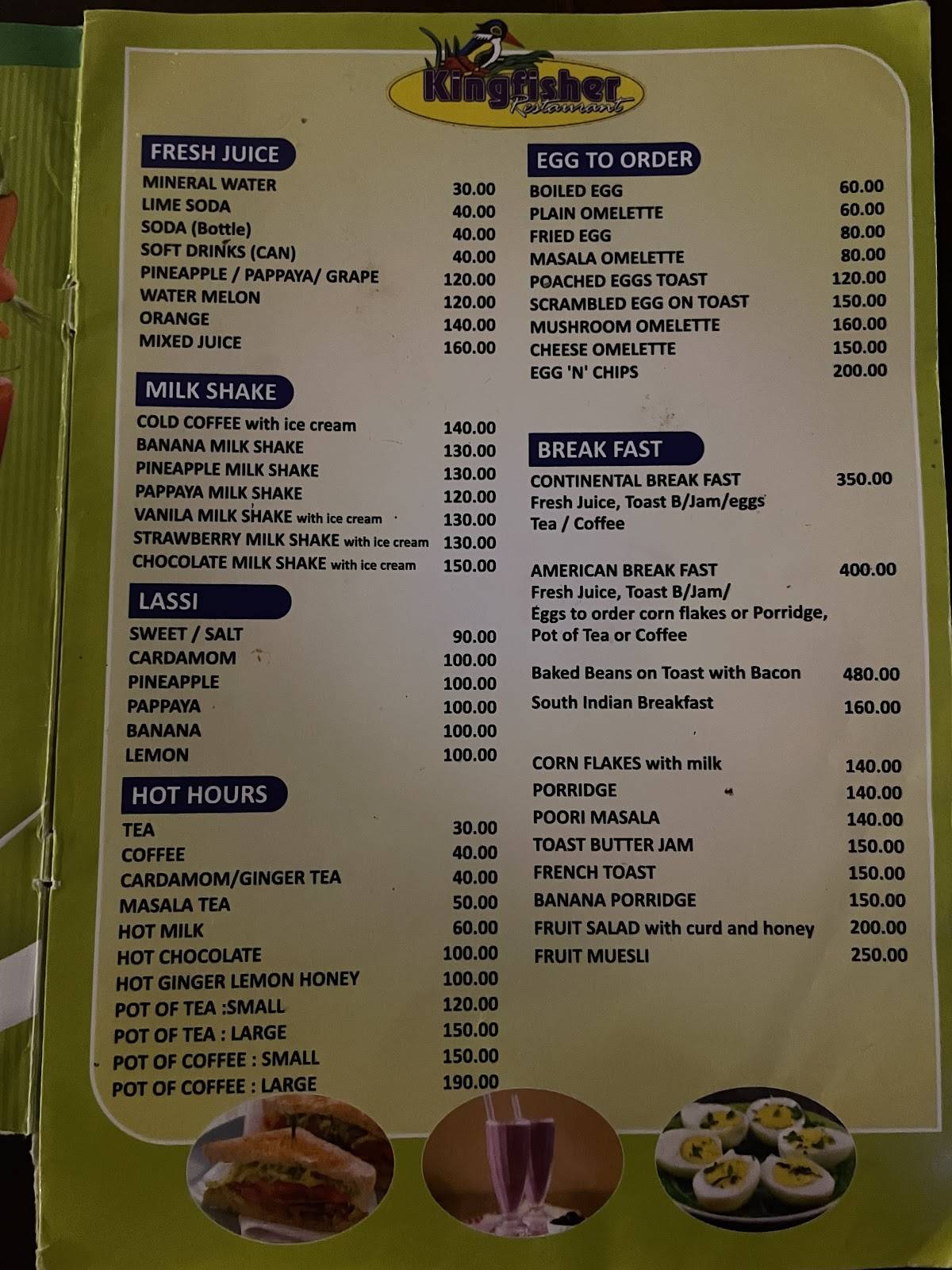 Kingfisher Restaurant menu