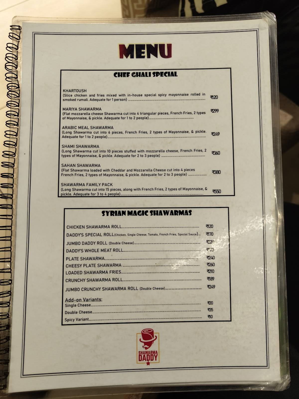 Shawarma Daddy menu