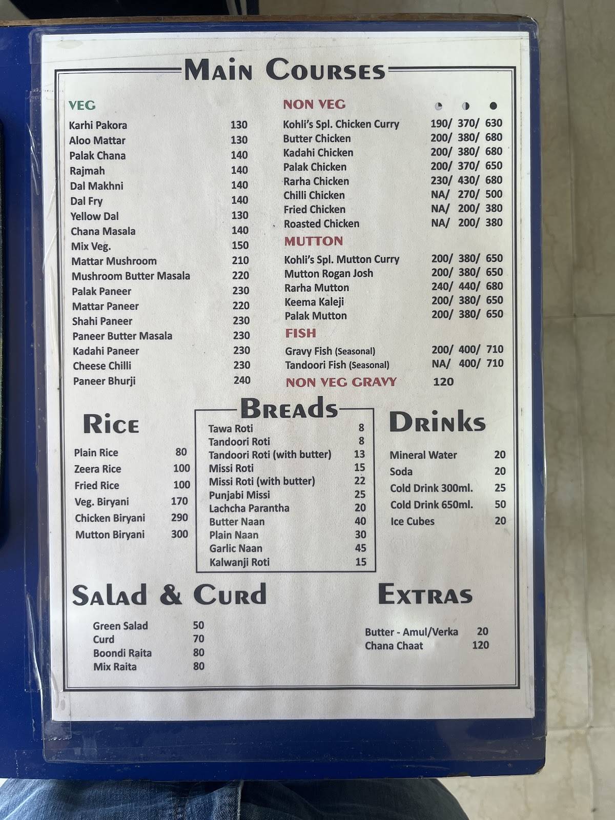 Kohli Dhaba menu