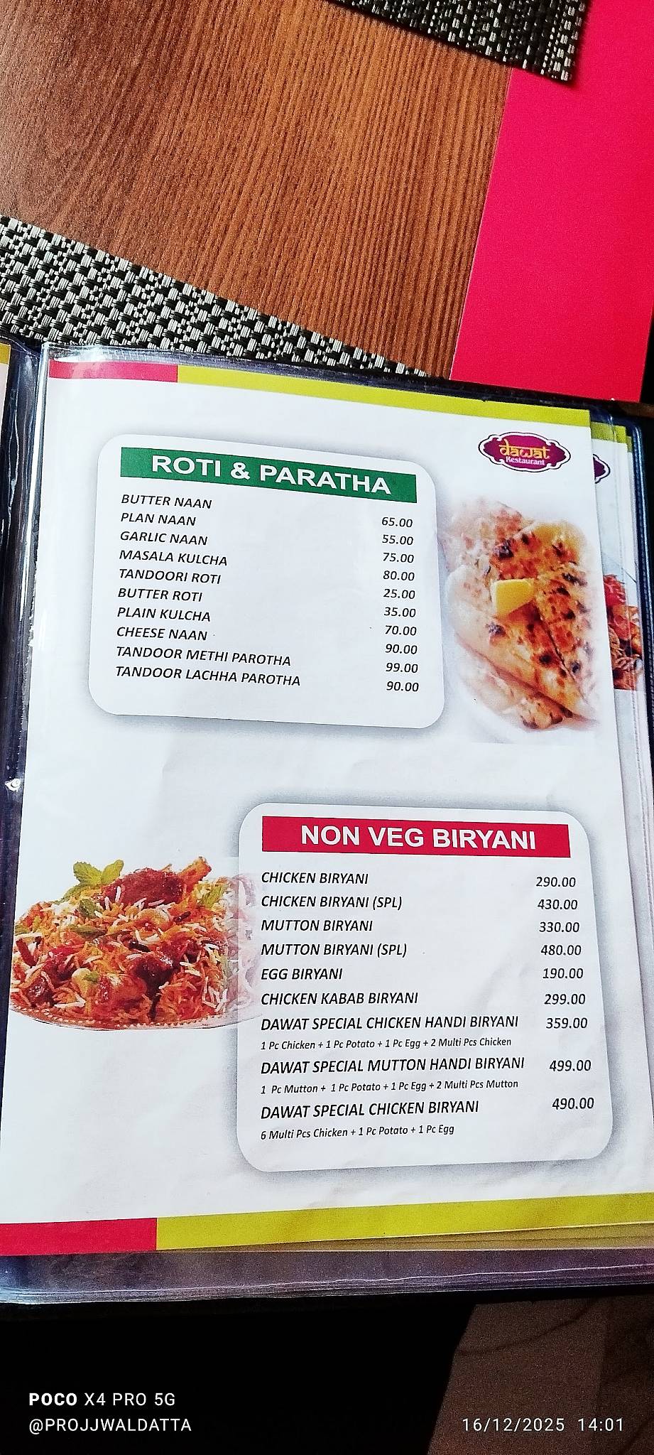 Dawat Restaurant menu