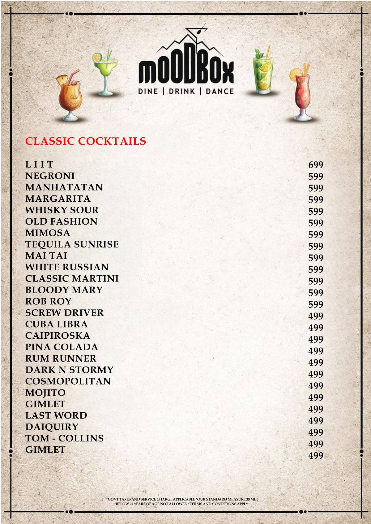 Mood Box Best Pub & Nightclub in Newtown Corporate Party Venue in Newtown menu
