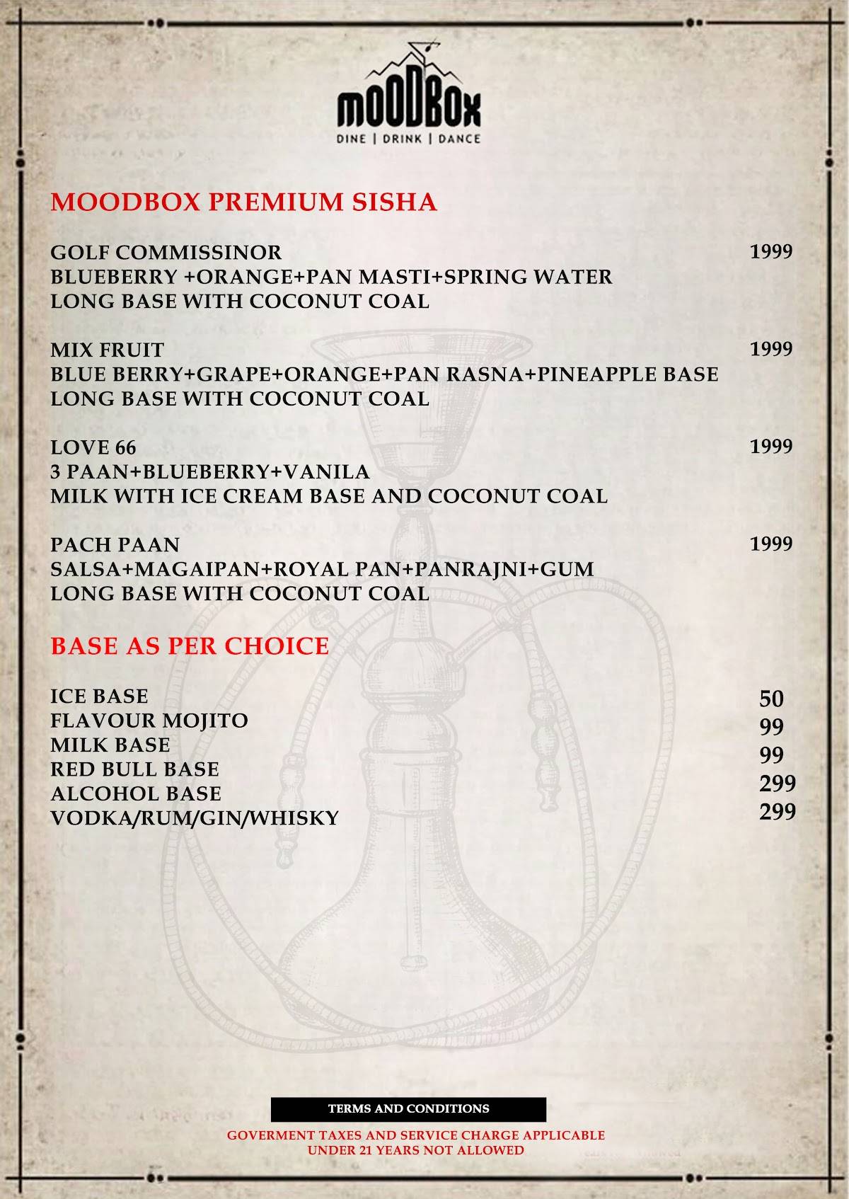 Mood Box Best Pub & Nightclub in Newtown Corporate Party Venue in Newtown menu