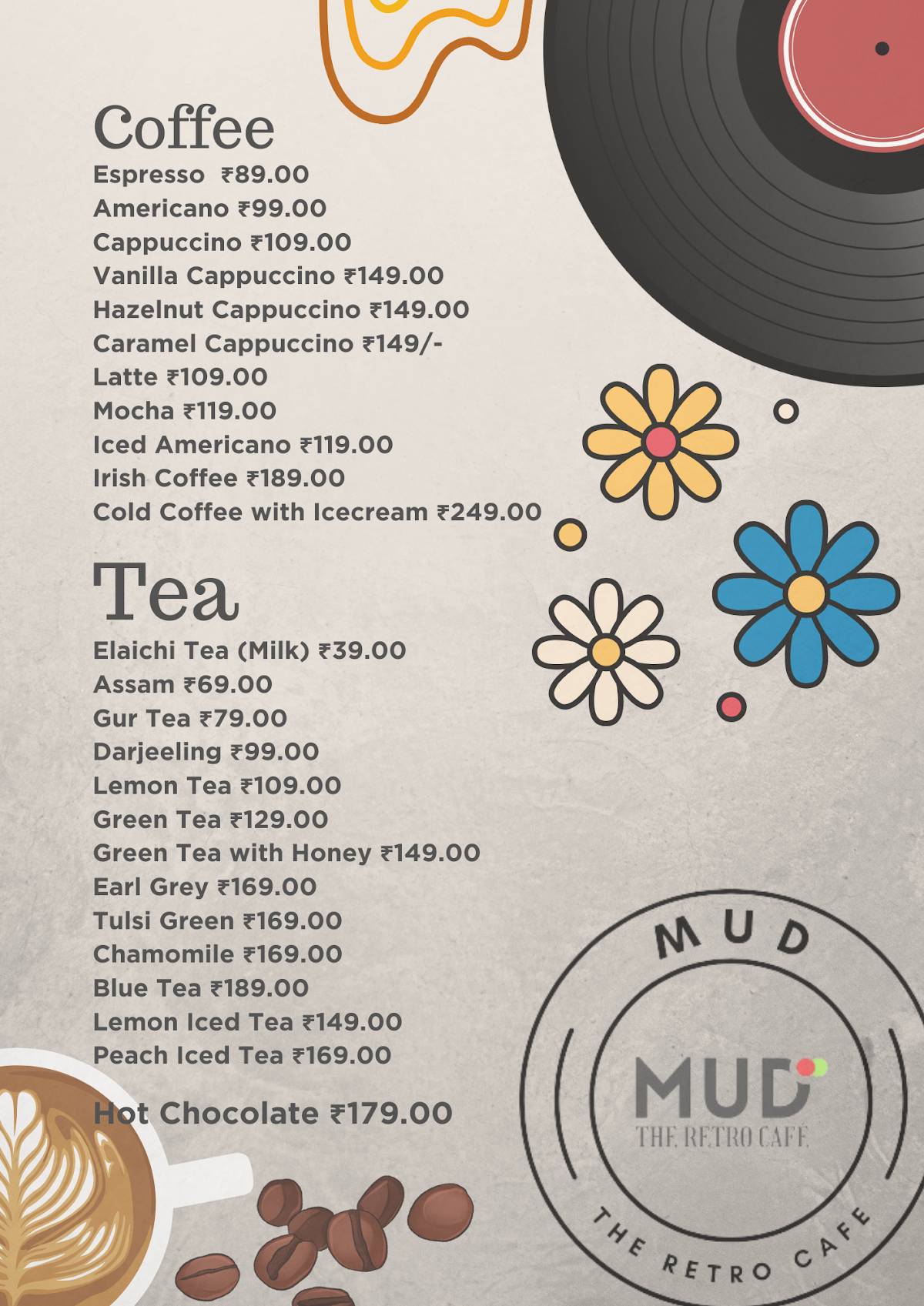 Mud - The Retro Cafe menu