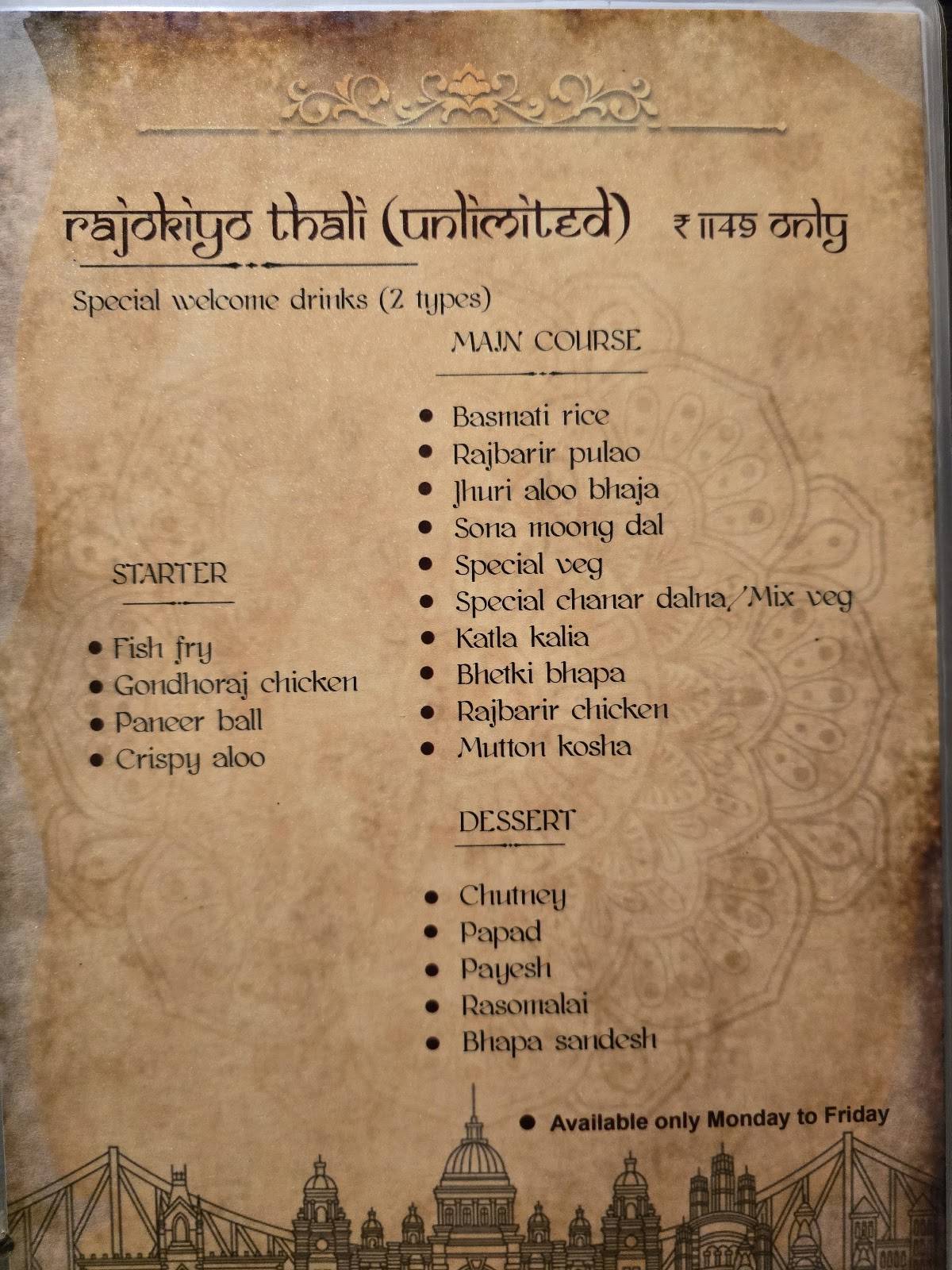 Kolkata Rajbari menu
