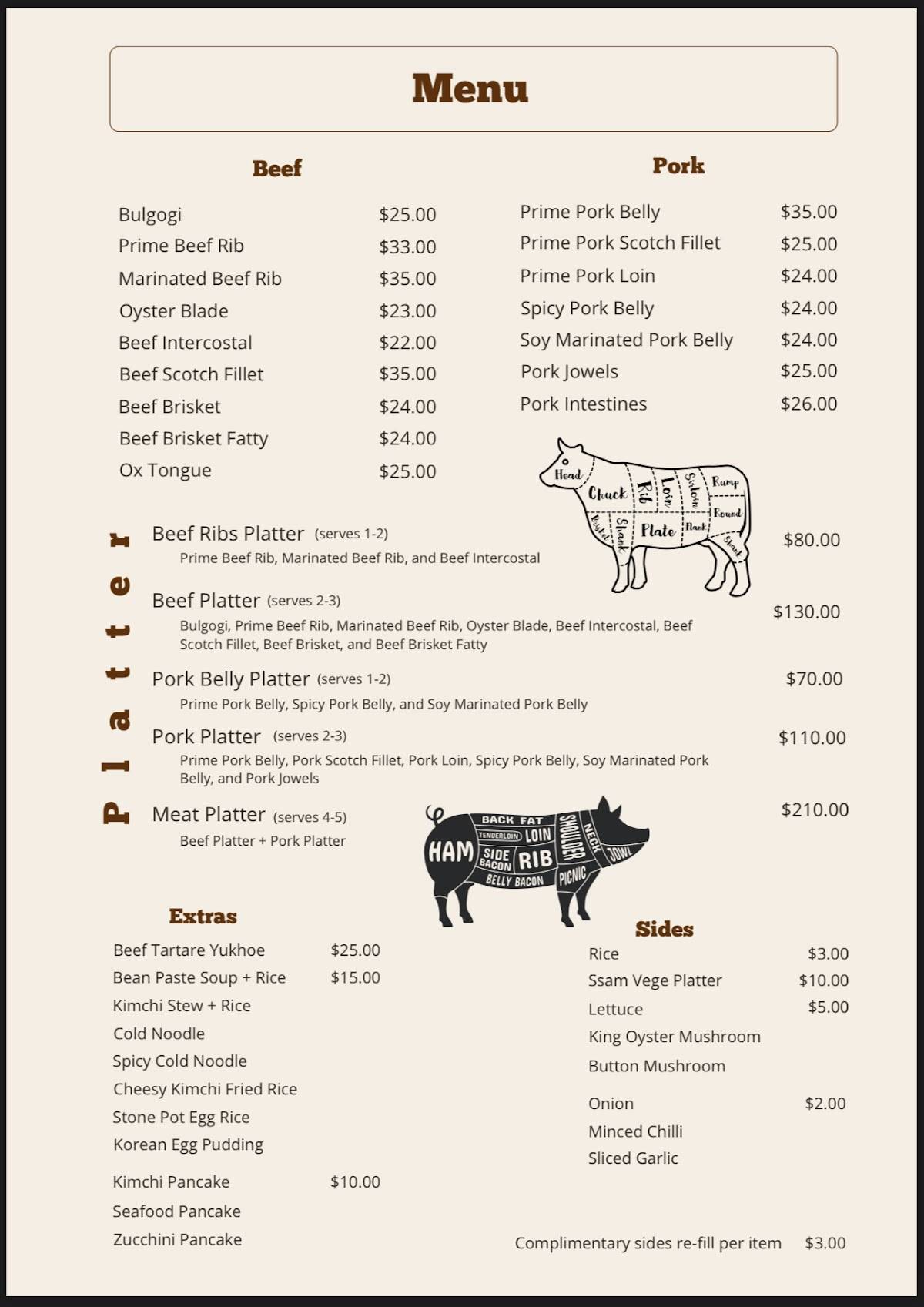 Menu at Korean charcoal BBQ De Jang Gum, Glen Osmond