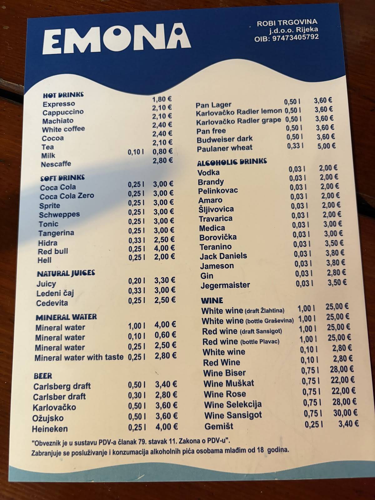 Menu di La Mer 
