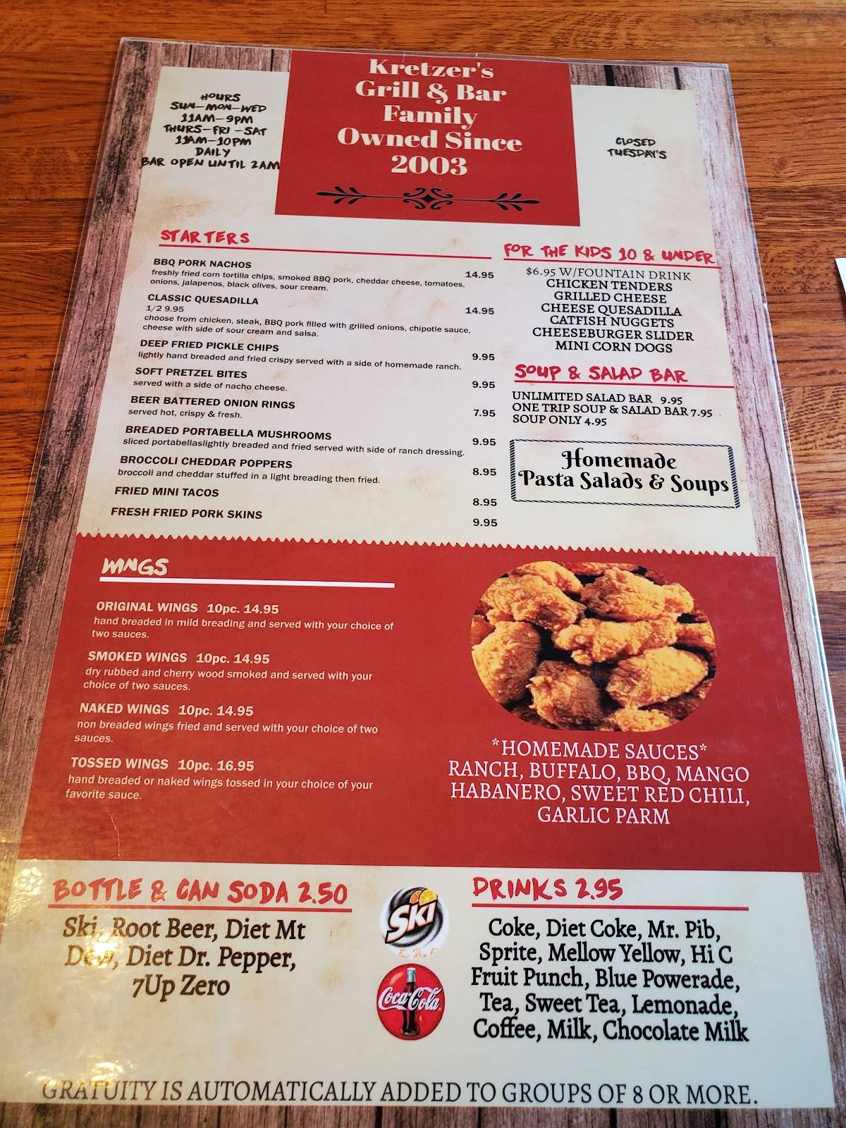 Menu at Kretzer's Grill and Bar, Hoyleton