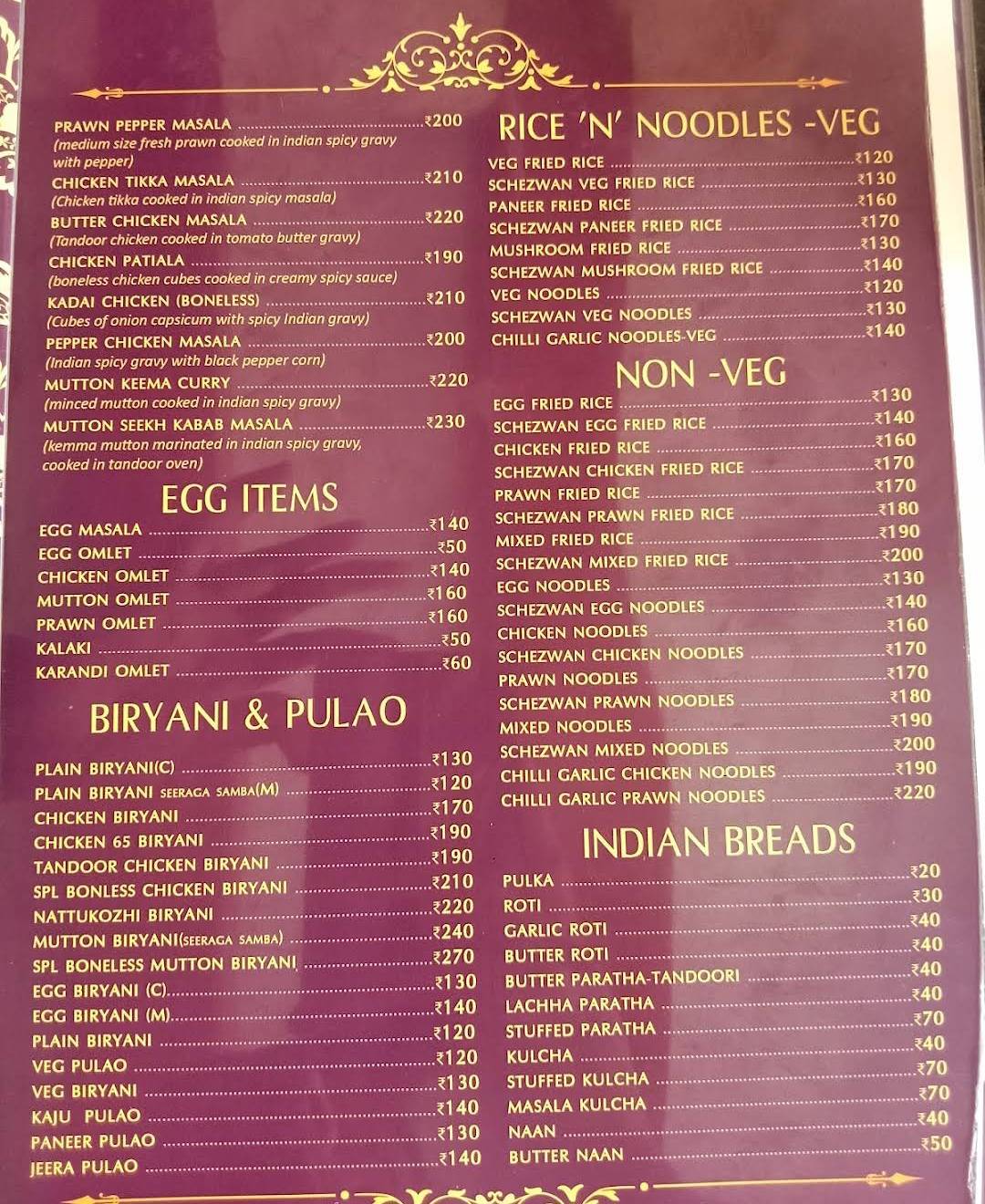 Kubera Vilas Restaurant menu
