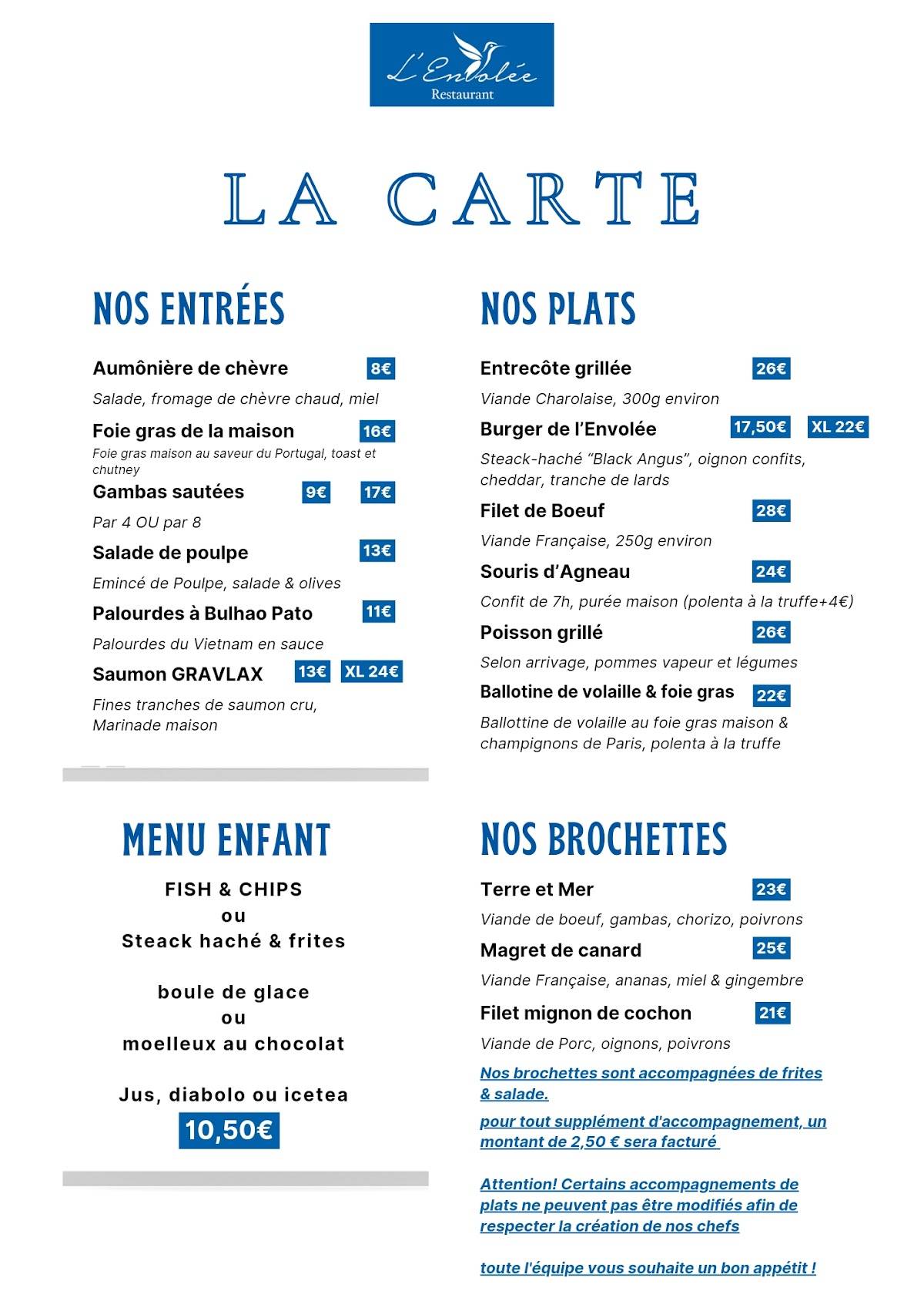 Menu de L'Envolée