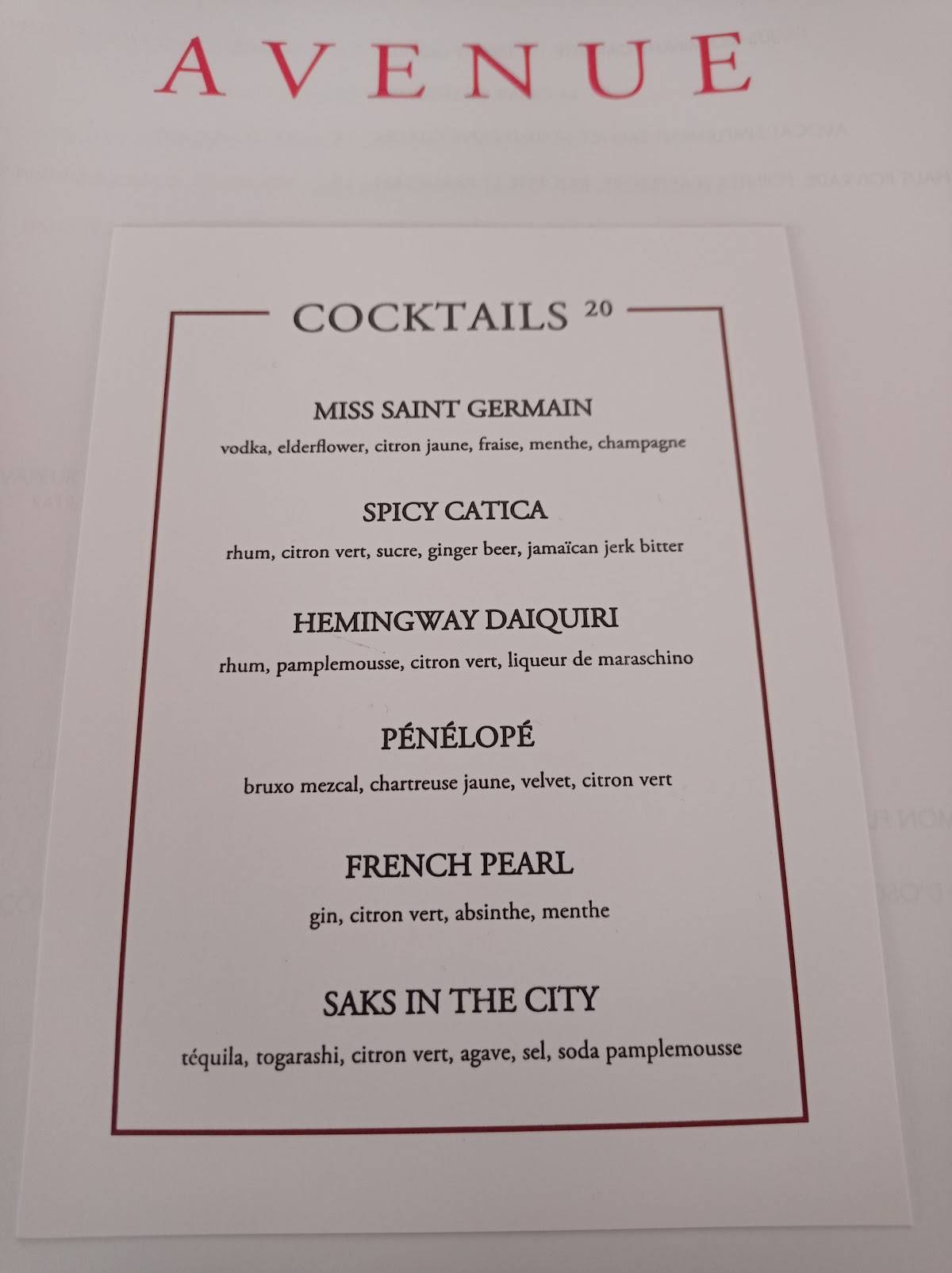 Menu at L'Avenue restaurant, Paris, 41 Av. Montaigne